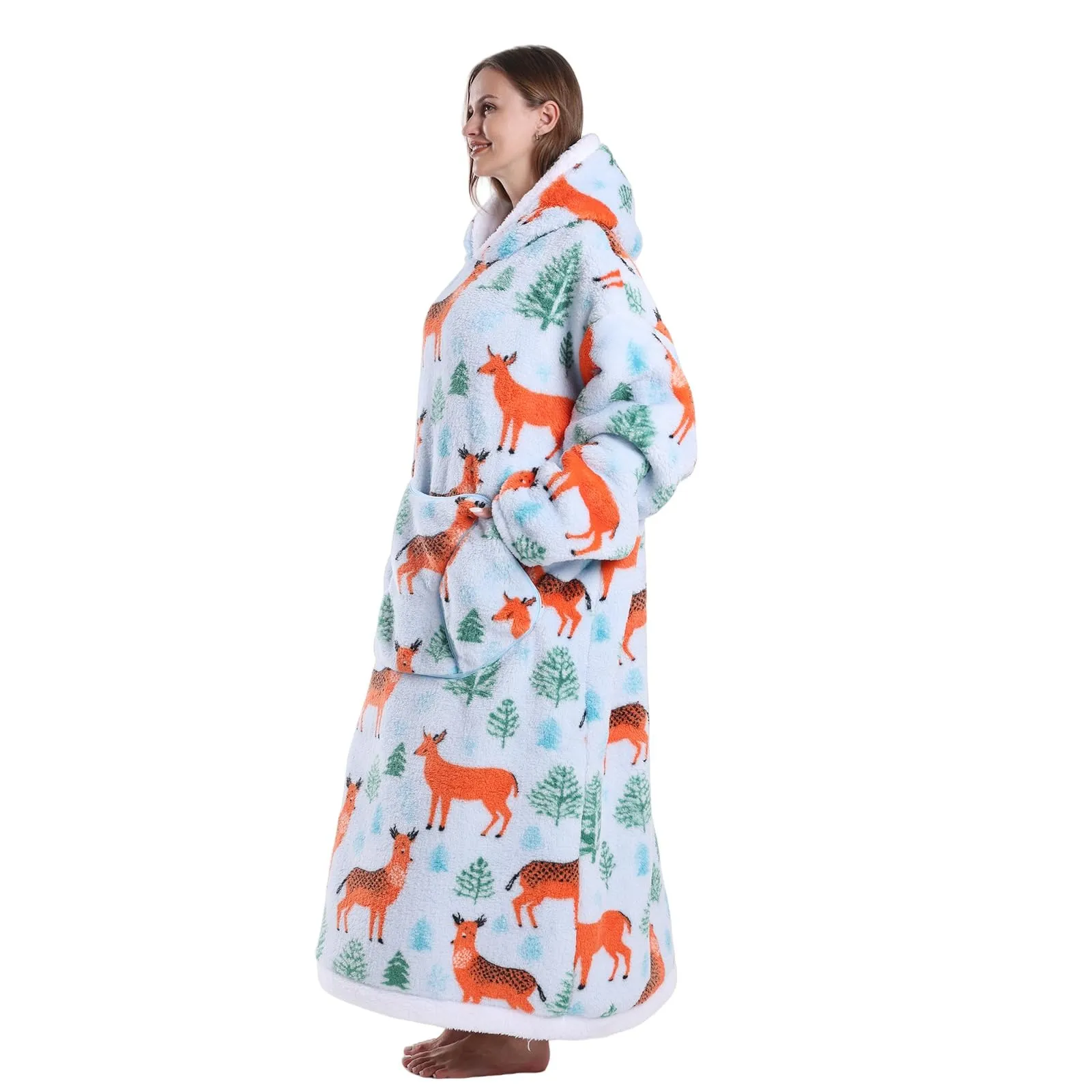 JOREAY Coperta con cappuccio extra lunga oversize da donna, coperta indossabile in pile, soffice felpa gigante con cappuccio per adolescenti, Cervo, Oversized - immagine 3