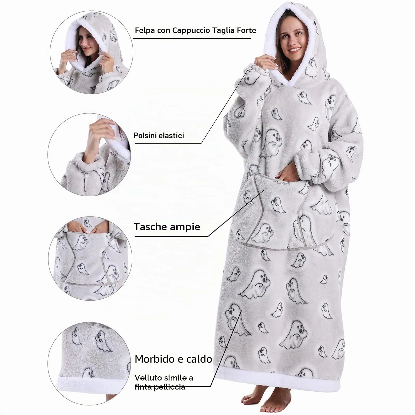 JOREAY Coperta con cappuccio extra lunga oversize da donna, coperta indossabile in pile, soffice felpa gigante con cappuccio per adolescenti, Cervo, Oversized - immagine 5