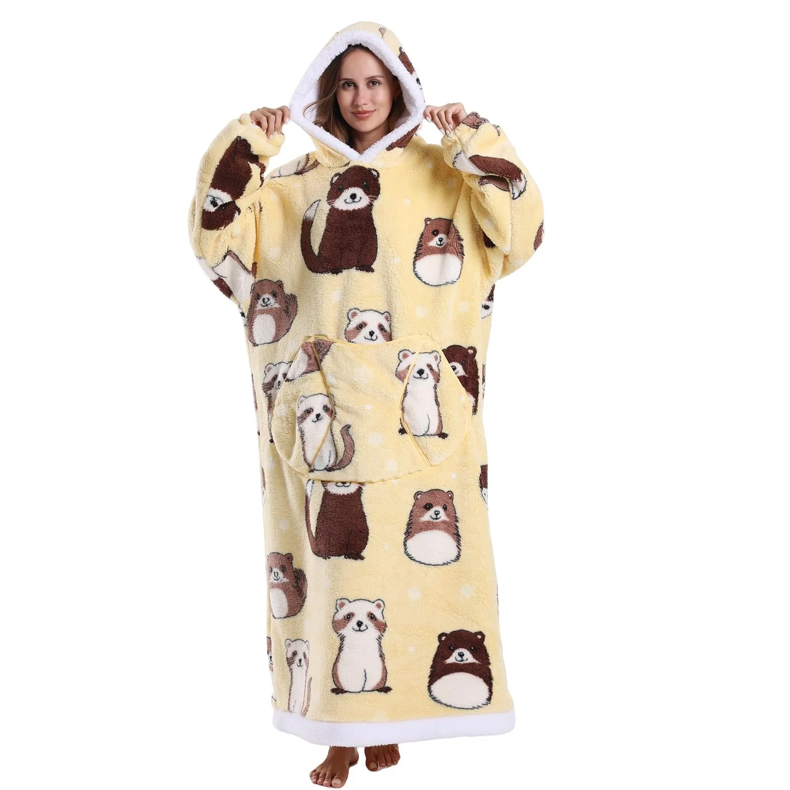 JOREAY Coperta con cappuccio extra lunga oversize da donna, coperta indossabile in pile, soffice felpa gigante con cappuccio per adolescenti, Castoro, Oversized - immagine 1