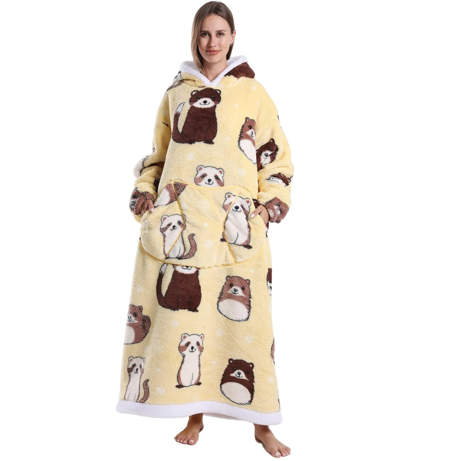 JOREAY Coperta con cappuccio extra lunga oversize da donna, coperta indossabile in pile, soffice felpa gigante con cappuccio per adolescenti, Castoro, Oversized - immagine 2