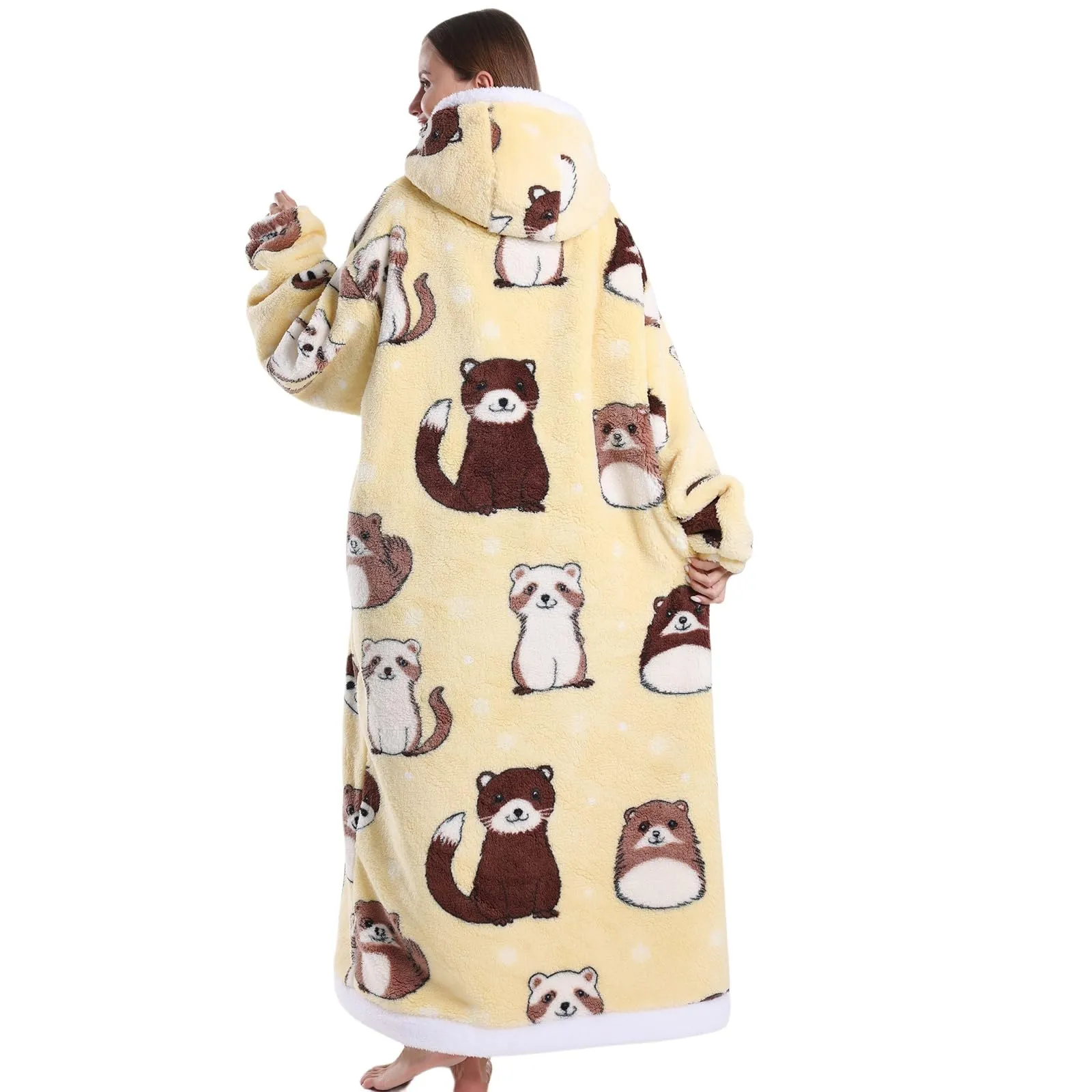 JOREAY Coperta con cappuccio extra lunga oversize da donna, coperta indossabile in pile, soffice felpa gigante con cappuccio per adolescenti, Castoro, Oversized - immagine 4