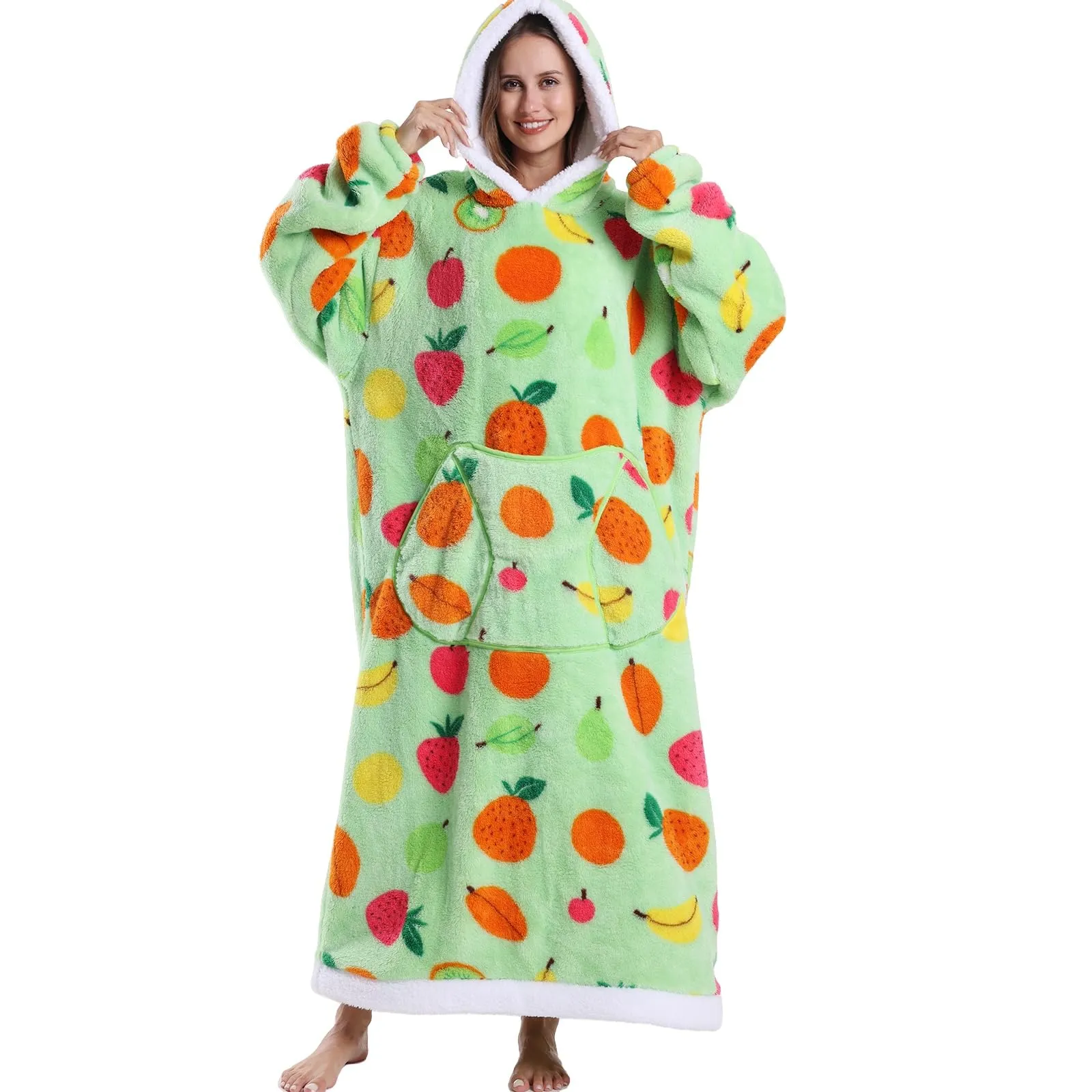 JOREAY Coperta con cappuccio extra lunga oversize da donna, coperta indossabile in pile, soffice felpa gigante con cappuccio per adolescenti, Mela e ananas, Oversized - immagine 1
