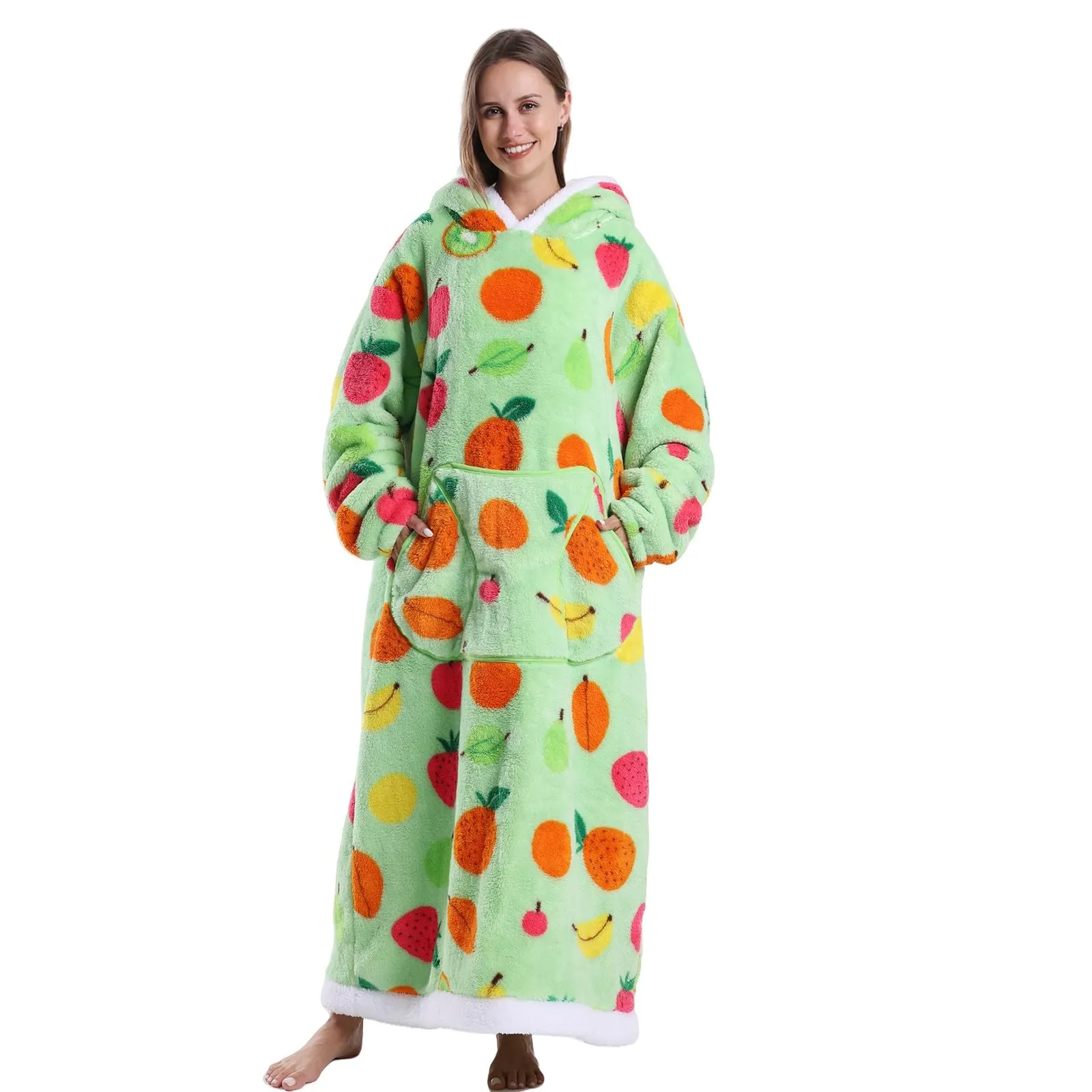 JOREAY Coperta con cappuccio extra lunga oversize da donna, coperta indossabile in pile, soffice felpa gigante con cappuccio per adolescenti, Mela e ananas, Oversized - immagine 2