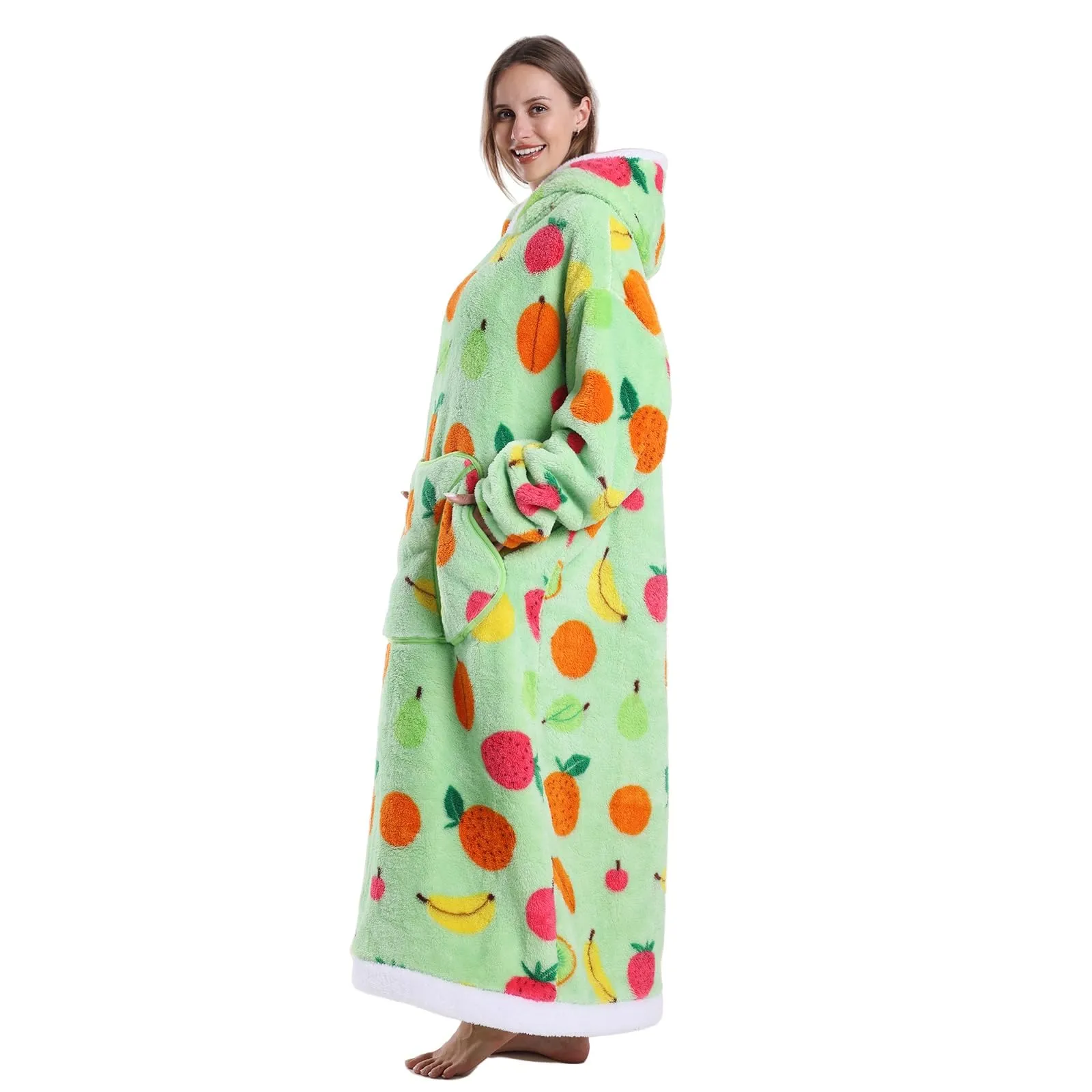 JOREAY Coperta con cappuccio extra lunga oversize da donna, coperta indossabile in pile, soffice felpa gigante con cappuccio per adolescenti, Mela e ananas, Oversized - immagine 3