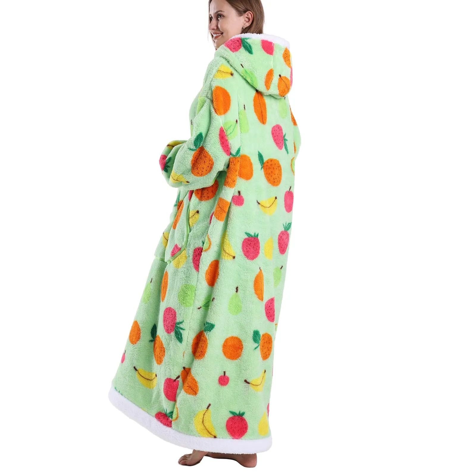 JOREAY Coperta con cappuccio extra lunga oversize da donna, coperta indossabile in pile, soffice felpa gigante con cappuccio per adolescenti, Mela e ananas, Oversized - immagine 4