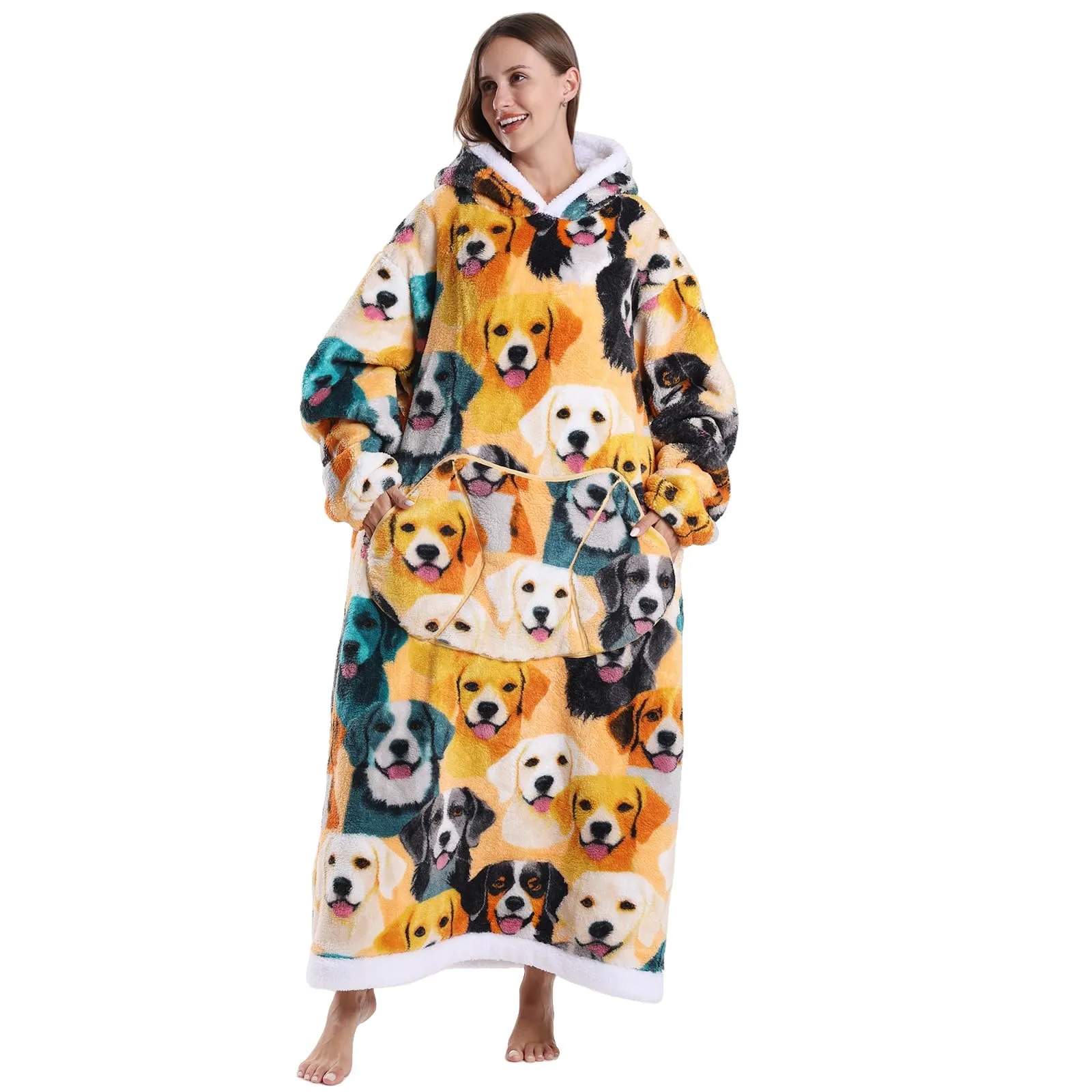 JOREAY Coperta con cappuccio extra lunga oversize da donna, coperta indossabile in pile, soffice felpa gigante con cappuccio per adolescenti, Golden Retriever, Oversized - immagine 2