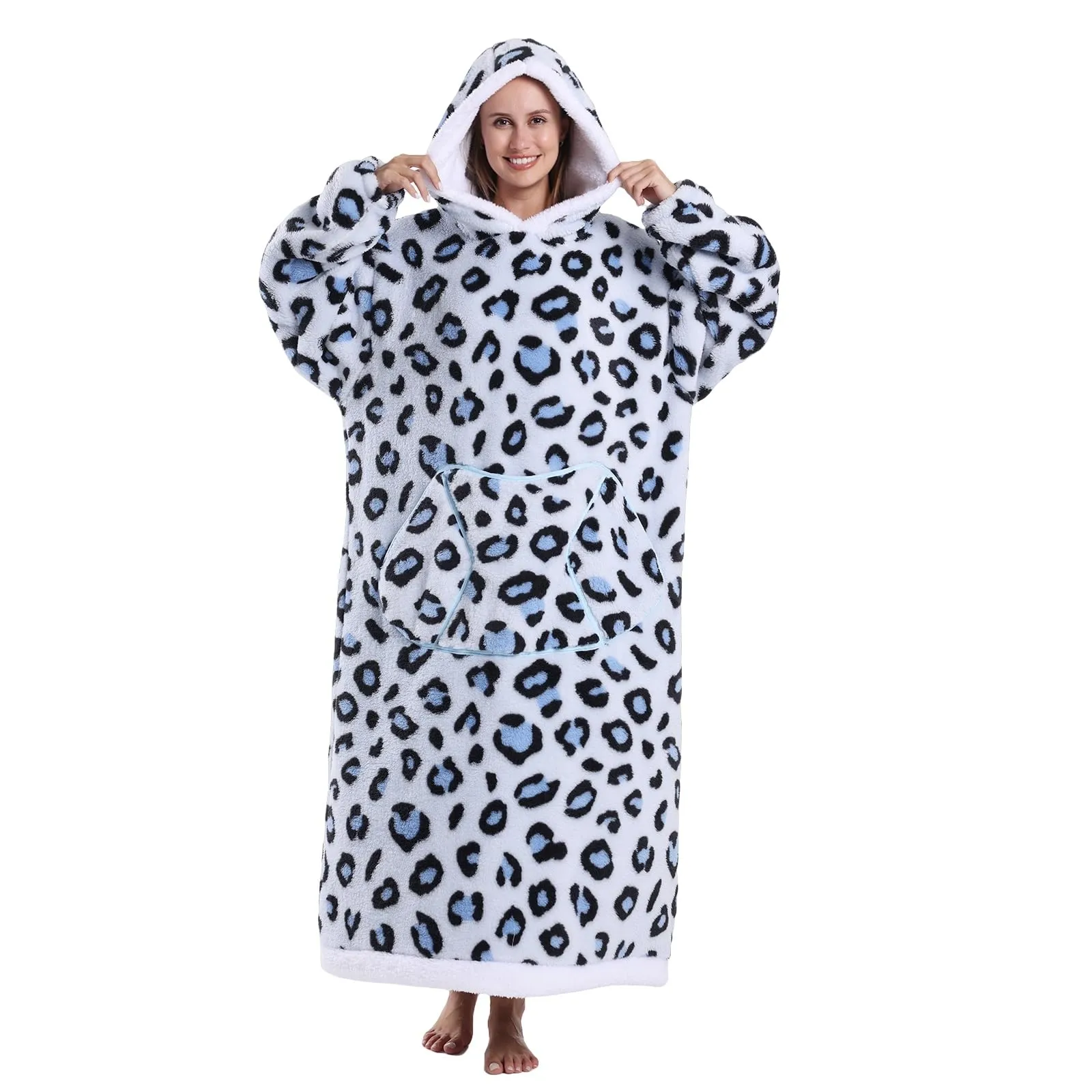 JOREAY Coperta con cappuccio extra lunga oversize da donna, coperta indossabile in pile, soffice felpa gigante con cappuccio per adolescenti, Blu leopardato., Oversized - immagine 1