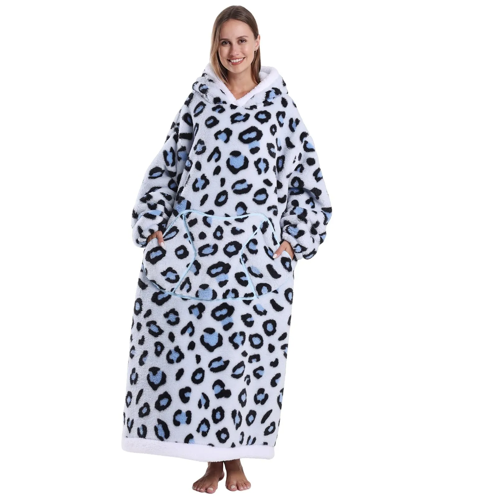 JOREAY Coperta con cappuccio extra lunga oversize da donna, coperta indossabile in pile, soffice felpa gigante con cappuccio per adolescenti, Blu leopardato., Oversized - immagine 2