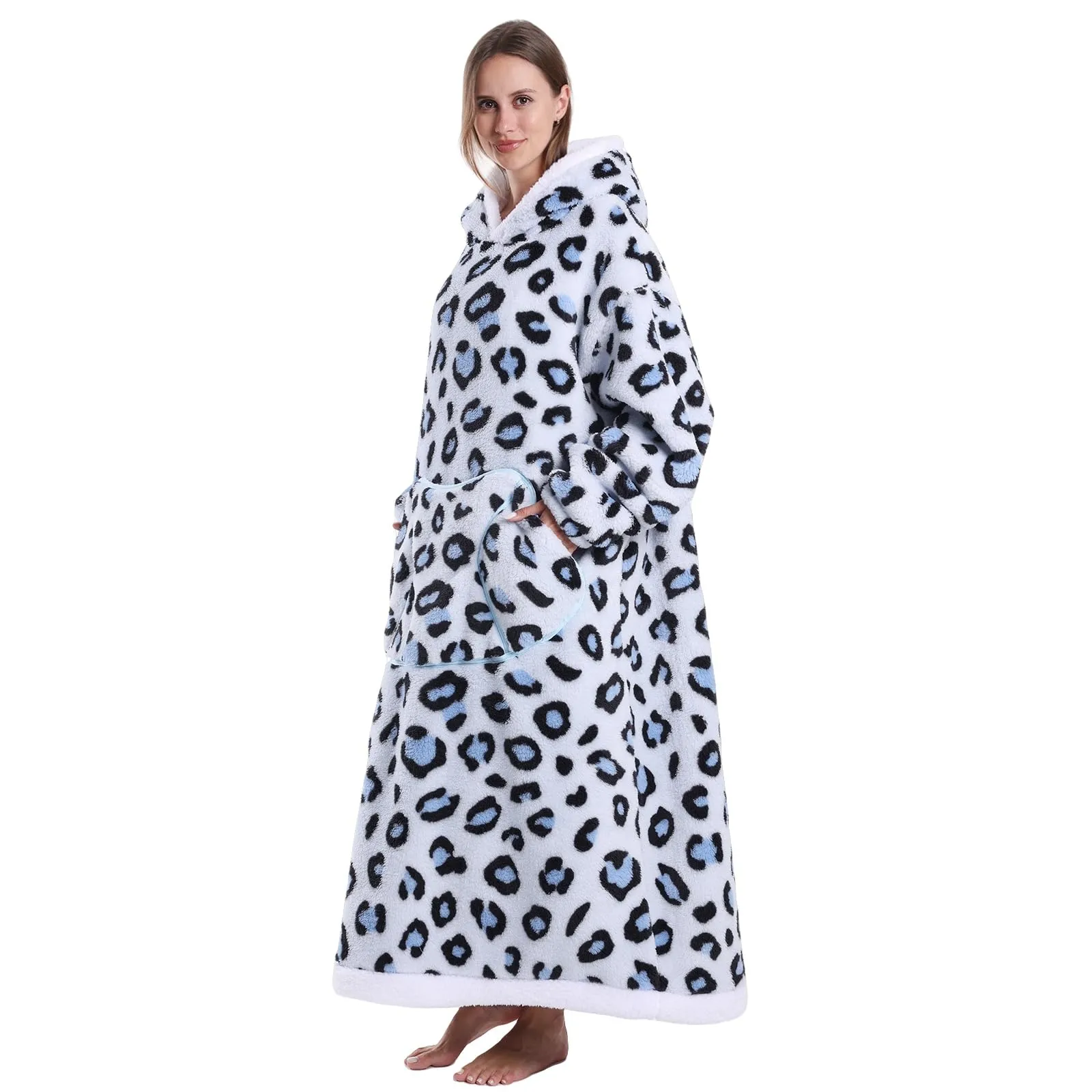 JOREAY Coperta con cappuccio extra lunga oversize da donna, coperta indossabile in pile, soffice felpa gigante con cappuccio per adolescenti, Blu leopardato., Oversized - immagine 3