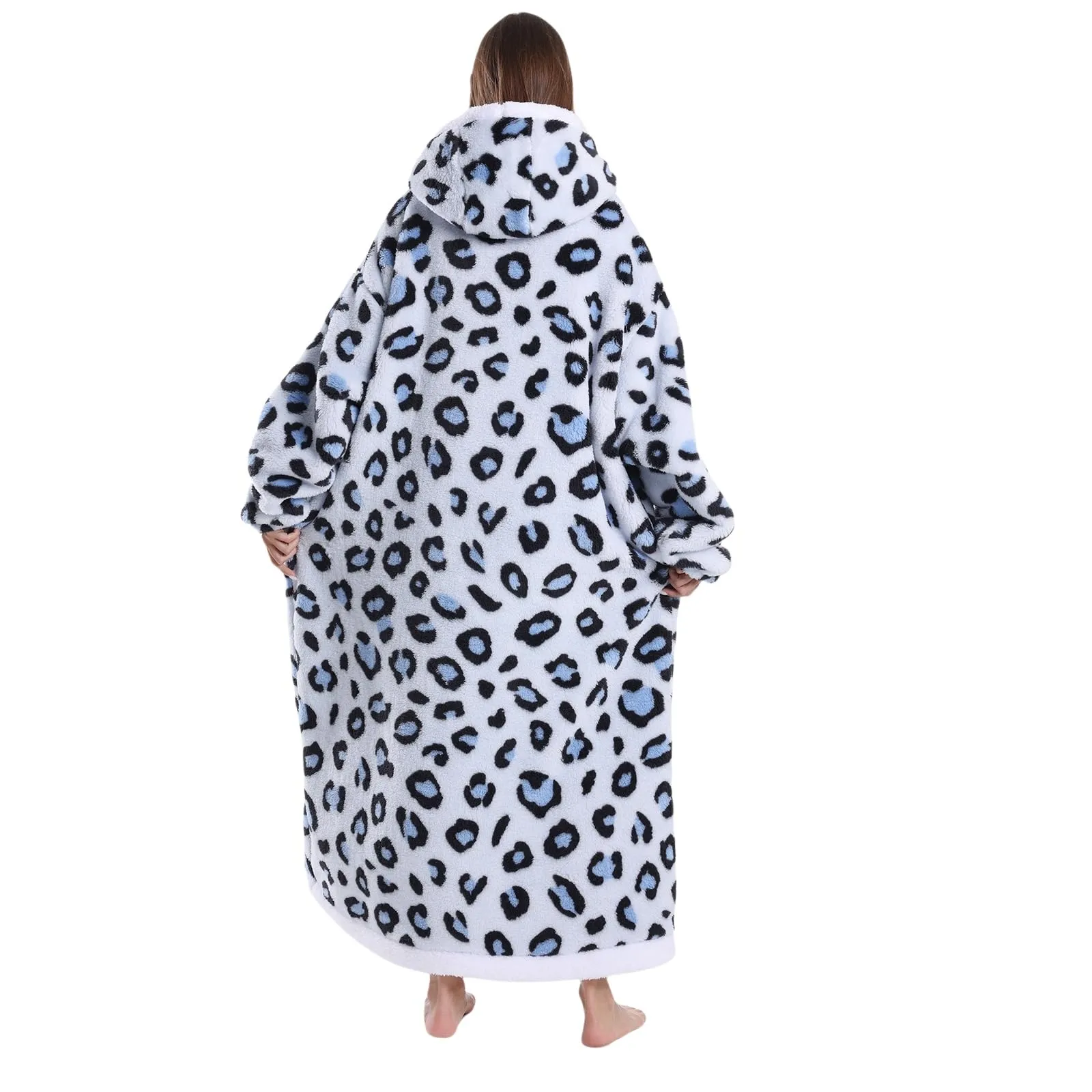 JOREAY Coperta con cappuccio extra lunga oversize da donna, coperta indossabile in pile, soffice felpa gigante con cappuccio per adolescenti, Blu leopardato., Oversized - immagine 4