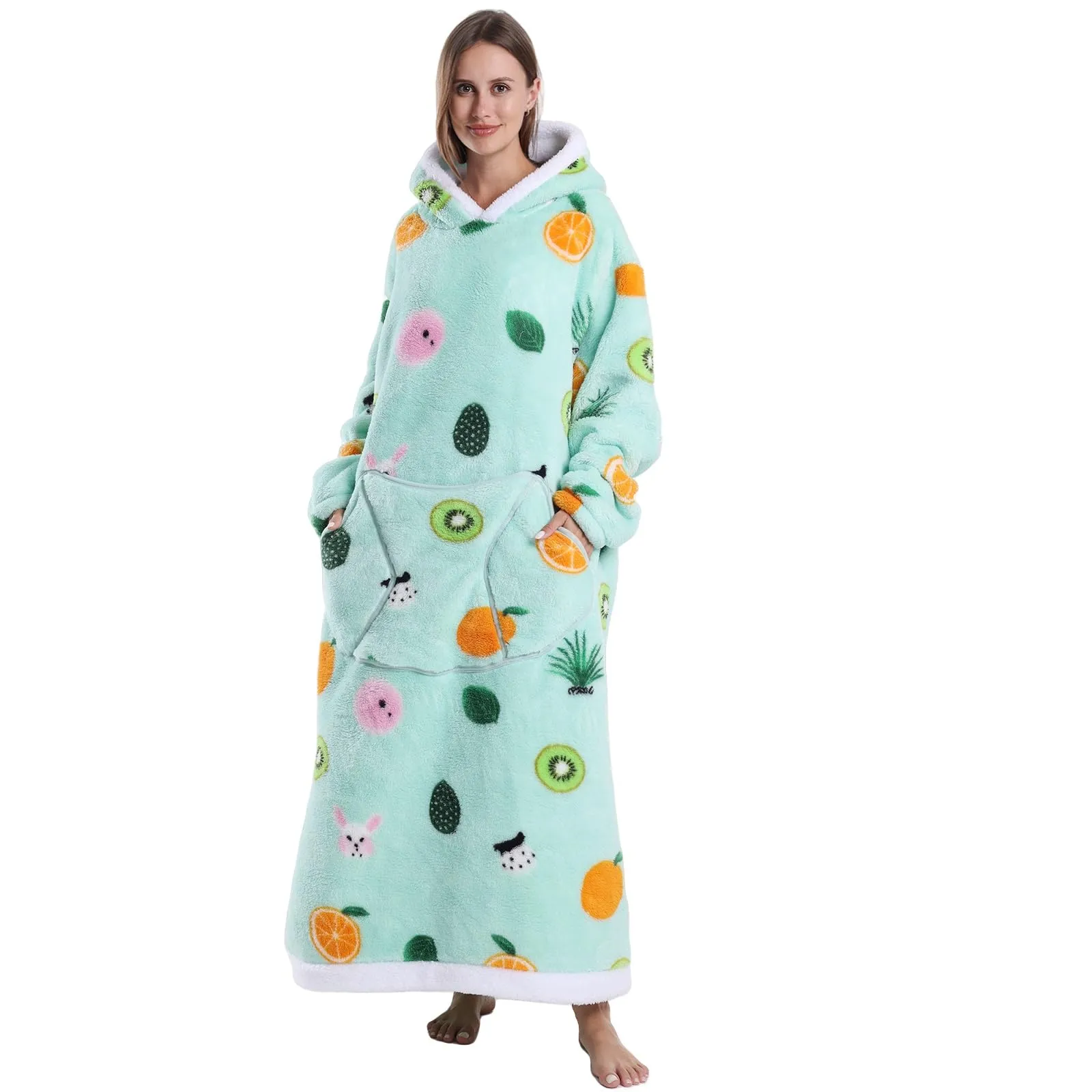 JOREAY Coperta con cappuccio extra lunga oversize da donna, coperta indossabile in pile, soffice felpa gigante con cappuccio per adolescenti, Frutta, Oversized - immagine 2