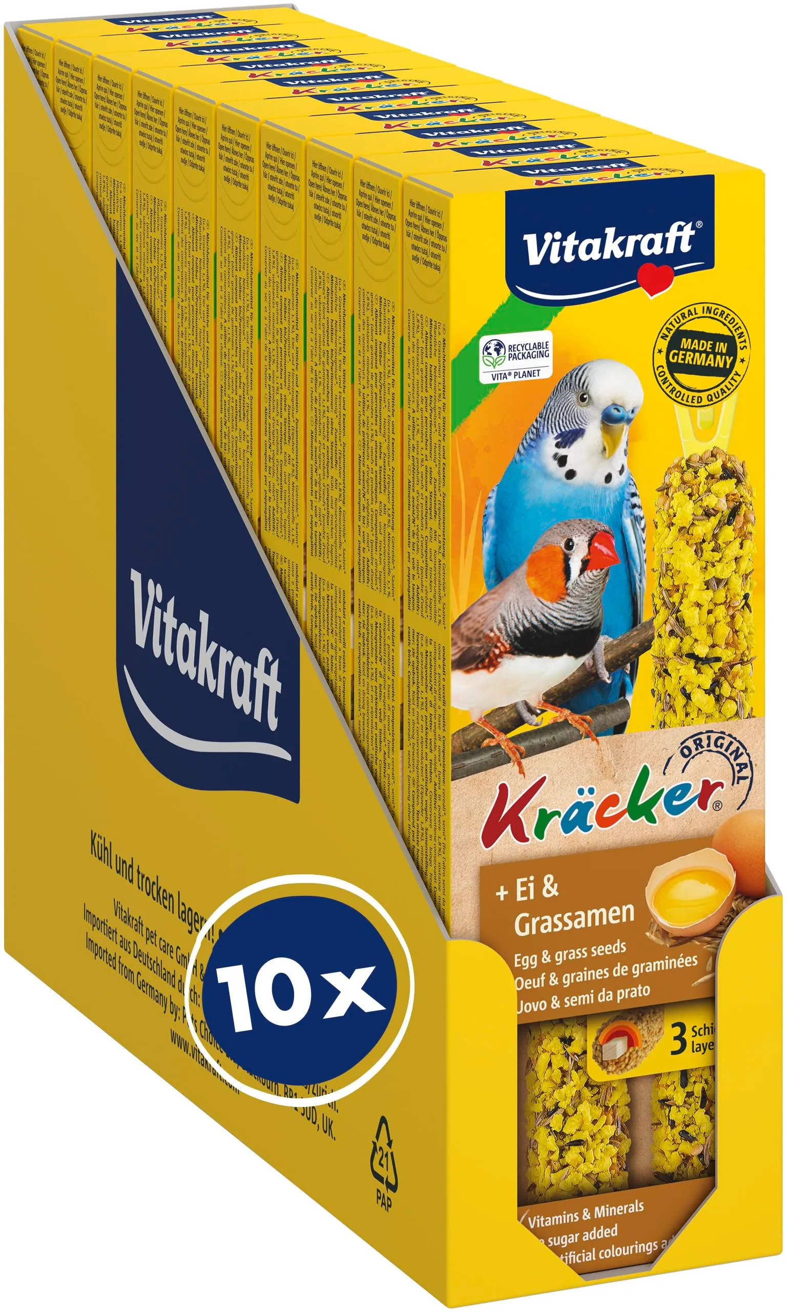 Vitakraft Kräcker,con uovo e semi da prato, bastoncini da sgranocchiare per pappagallini ondulati, in formato convenienza, senza l'aggiunta di zuccheri (10x 54g) - immagine 1