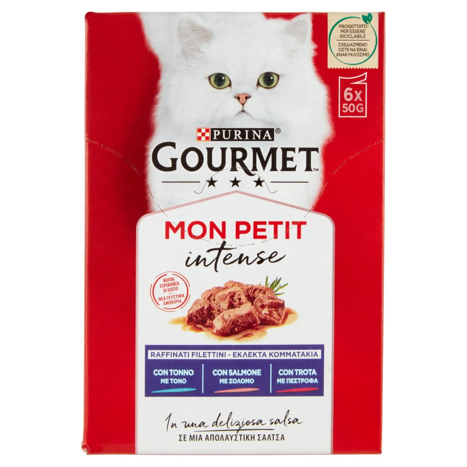 GOURMET Mon Petit Intense Cibo Umido per Gatti Adulti Filettini con Tonno, Salmone e Trota 6 Buste da 50g - immagine 1