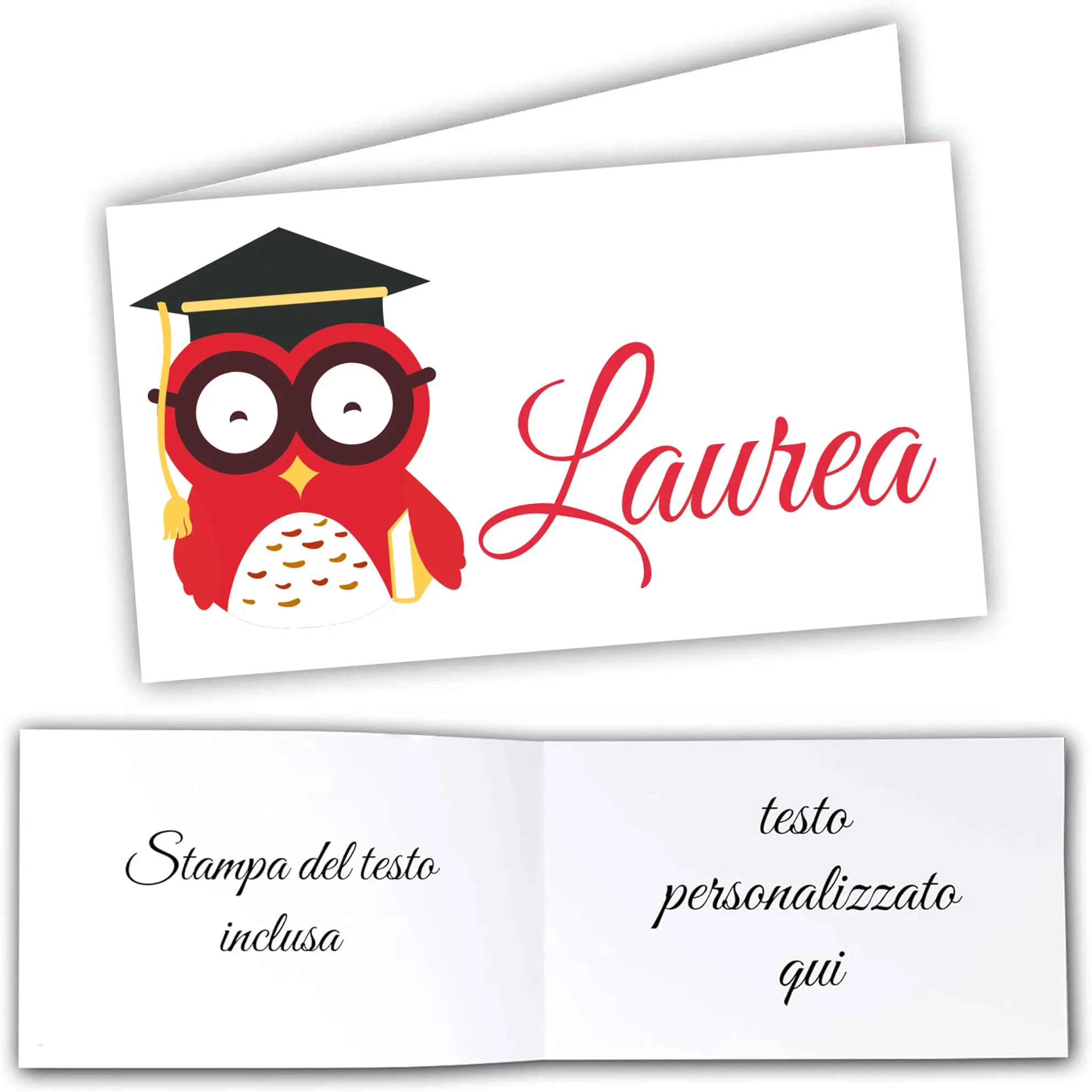 Mr Pubblicità - STAMPA INCLUSA su 2 lati- n. 60 Bigliettini Bomboniera Laurea personalizzati- Biglietti Sacchetti Confetti laurea, Cadò, biglietti auguri laurea, personalizzabili (gufo) - immagine 1