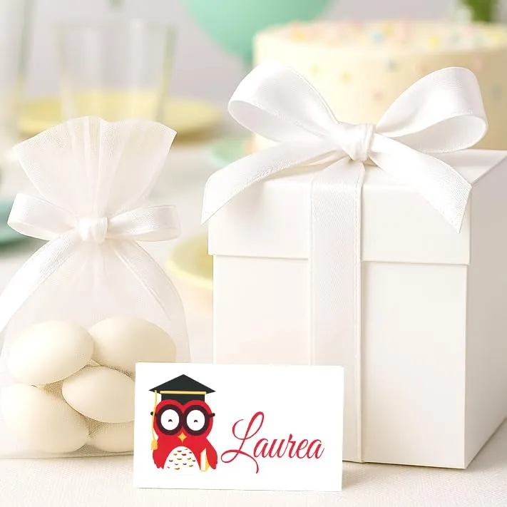 Mr Pubblicità - STAMPA INCLUSA su 2 lati- n. 60 Bigliettini Bomboniera Laurea personalizzati- Biglietti Sacchetti Confetti laurea, Cadò, biglietti auguri laurea, personalizzabili (gufo) - immagine 6