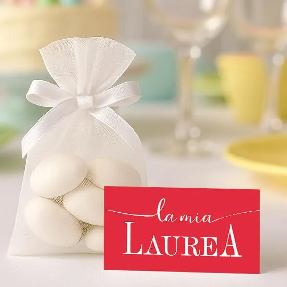 Mr Pubblicità - STAMPA INCLUSA su 2 lati- n. 60 Bigliettini Bomboniera Laurea personalizzati- Biglietti Sacchetti Confetti laurea, Cadò, biglietti auguri laurea, personalizzabili (elegante rosso) - immagine 7