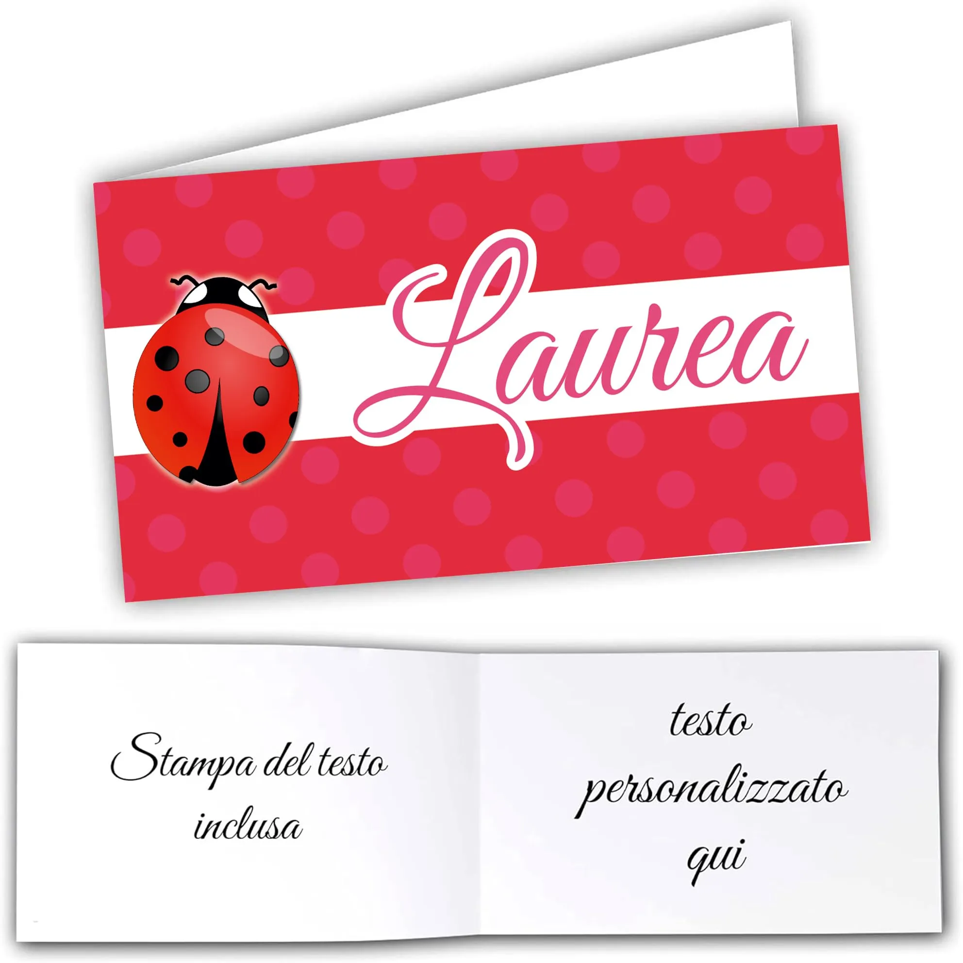 Mr Pubblicità - STAMPA INCLUSA su 2 lati- n. 60 Bigliettini Bomboniera Laurea personalizzati- Biglietti Sacchetti Confetti laurea, Cadò, biglietti auguri laurea, personalizzabili (coccinella) - immagine 1