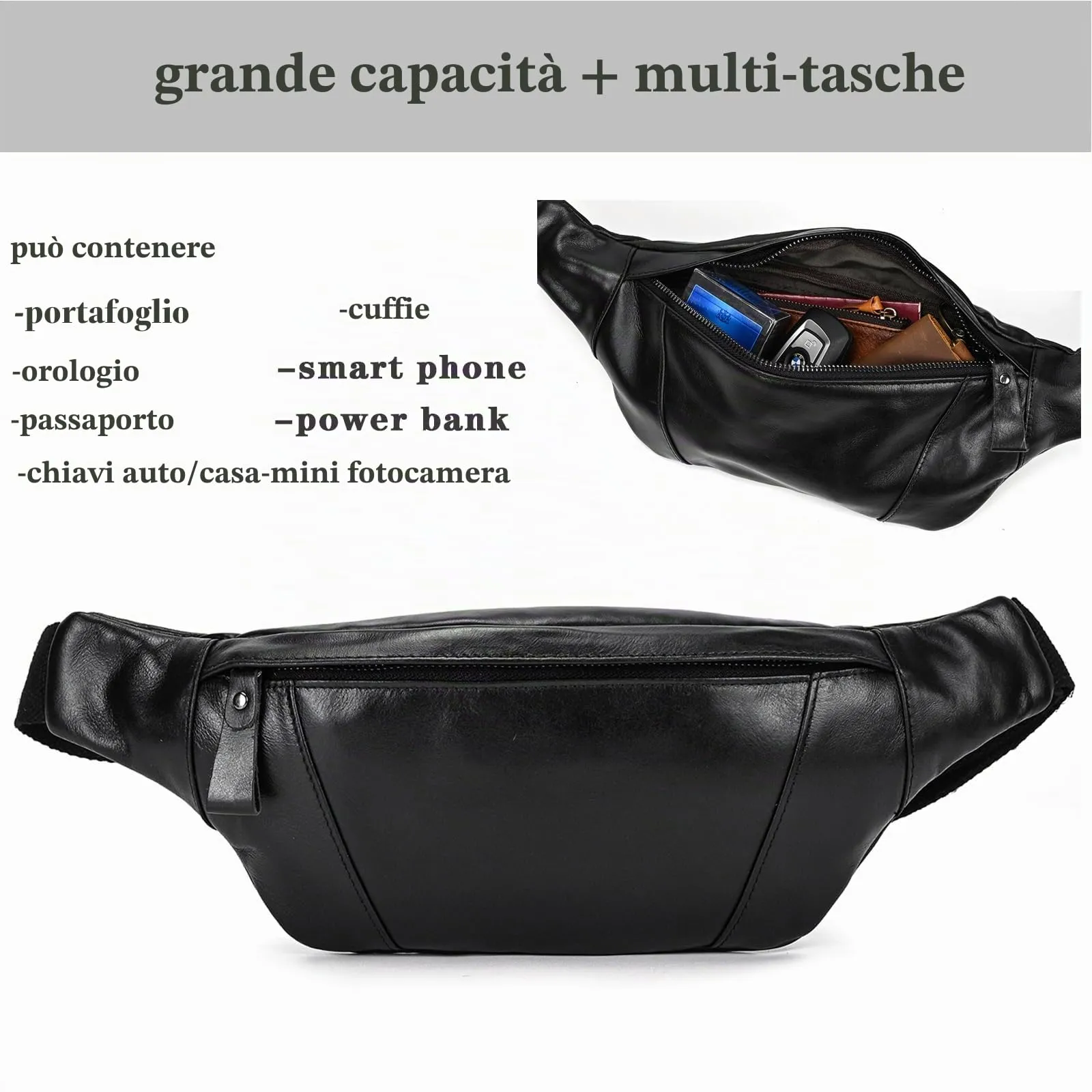 marsupio in vera pelle marsupi per uomo donna marsupio nero per viaggi festival passeggiate sport corsa palestra all'aperto allenamento esercizio - immagine 3