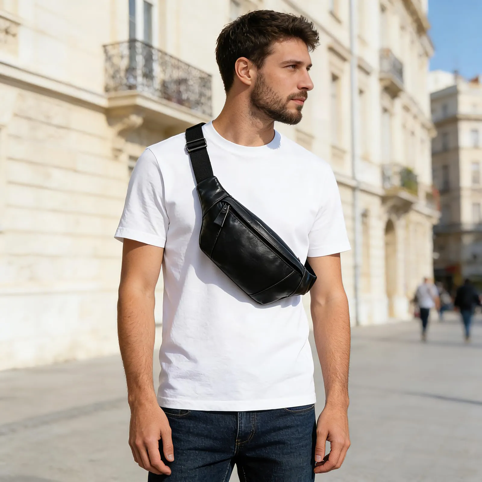 marsupio in vera pelle marsupi per uomo donna marsupio nero per viaggi festival passeggiate sport corsa palestra all'aperto allenamento esercizio - immagine 5
