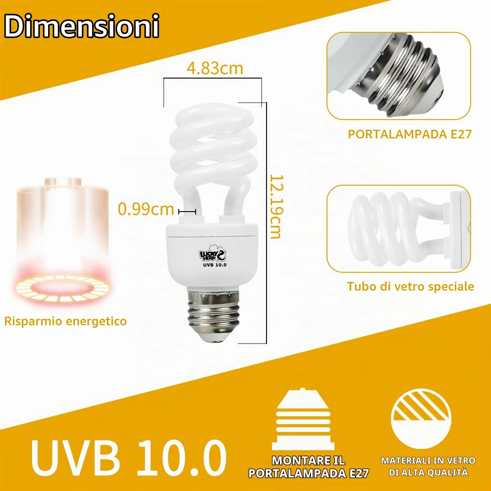 LUCKY HERP Lampada UVB per terrario, lampada per rettili, UVA UVB 10.0, E27, lampada compatta UVB 13 W, lampada da terrario UVA UVB per atlami da barba, tartarughe, serpenti, lucertole, rettili e - immagine 2