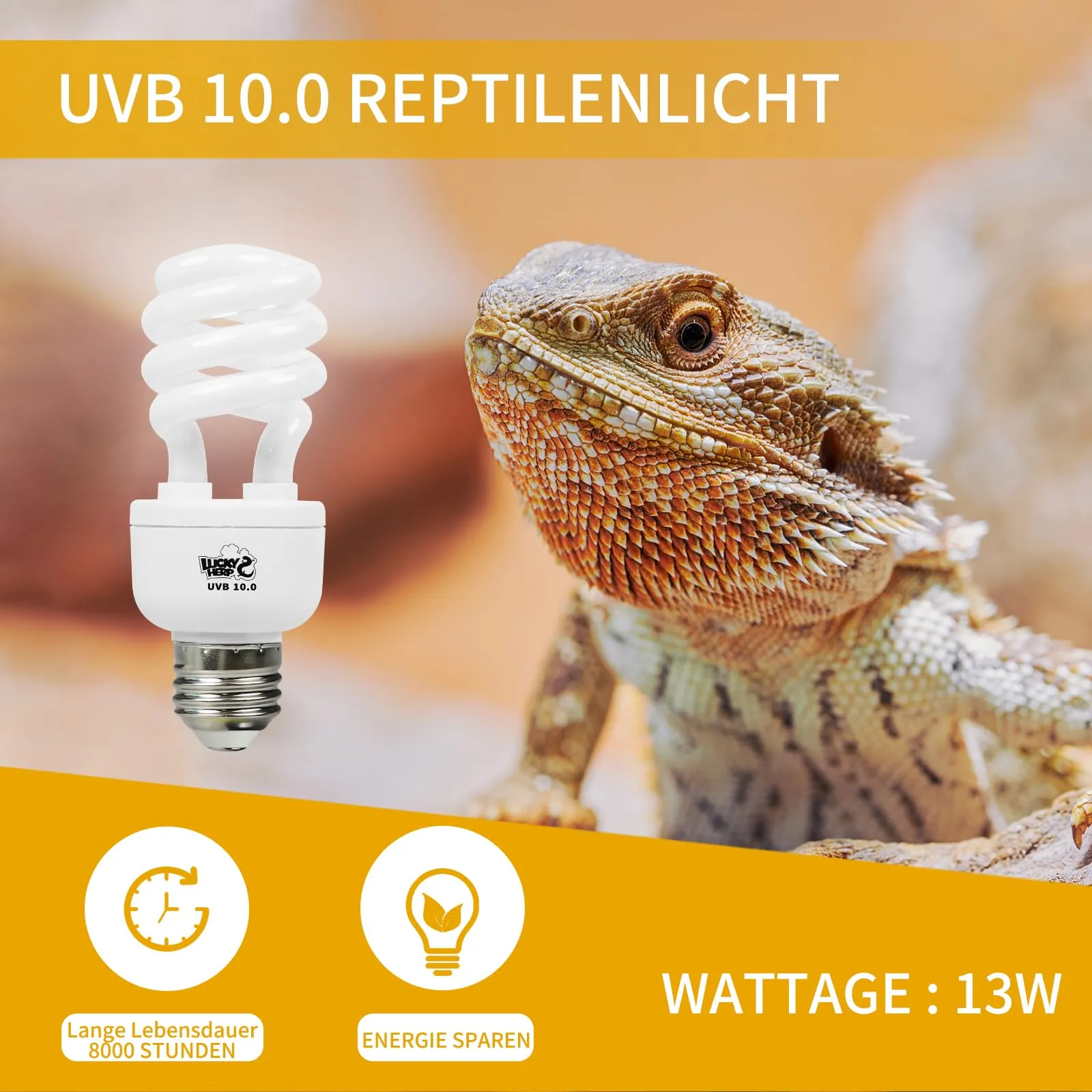 LUCKY HERP Lampada UVB per terrario, lampada per rettili, UVA UVB 10.0, E27, lampada compatta UVB 13 W, lampada da terrario UVA UVB per atlami da barba, tartarughe, serpenti, lucertole, rettili e - immagine 3