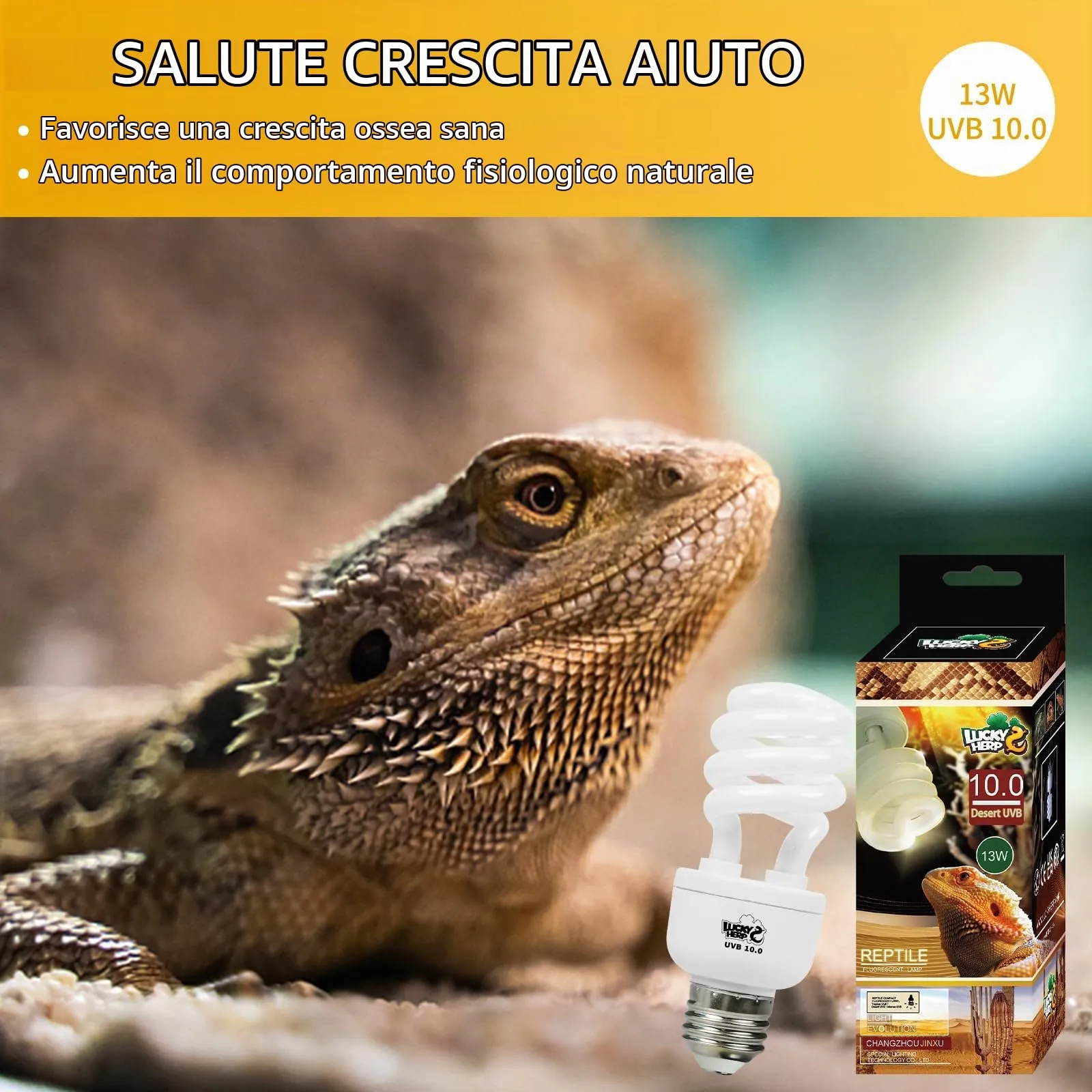 LUCKY HERP Lampada UVB per terrario, lampada per rettili, UVA UVB 10.0, E27, lampada compatta UVB 13 W, lampada da terrario UVA UVB per atlami da barba, tartarughe, serpenti, lucertole, rettili e - immagine 6