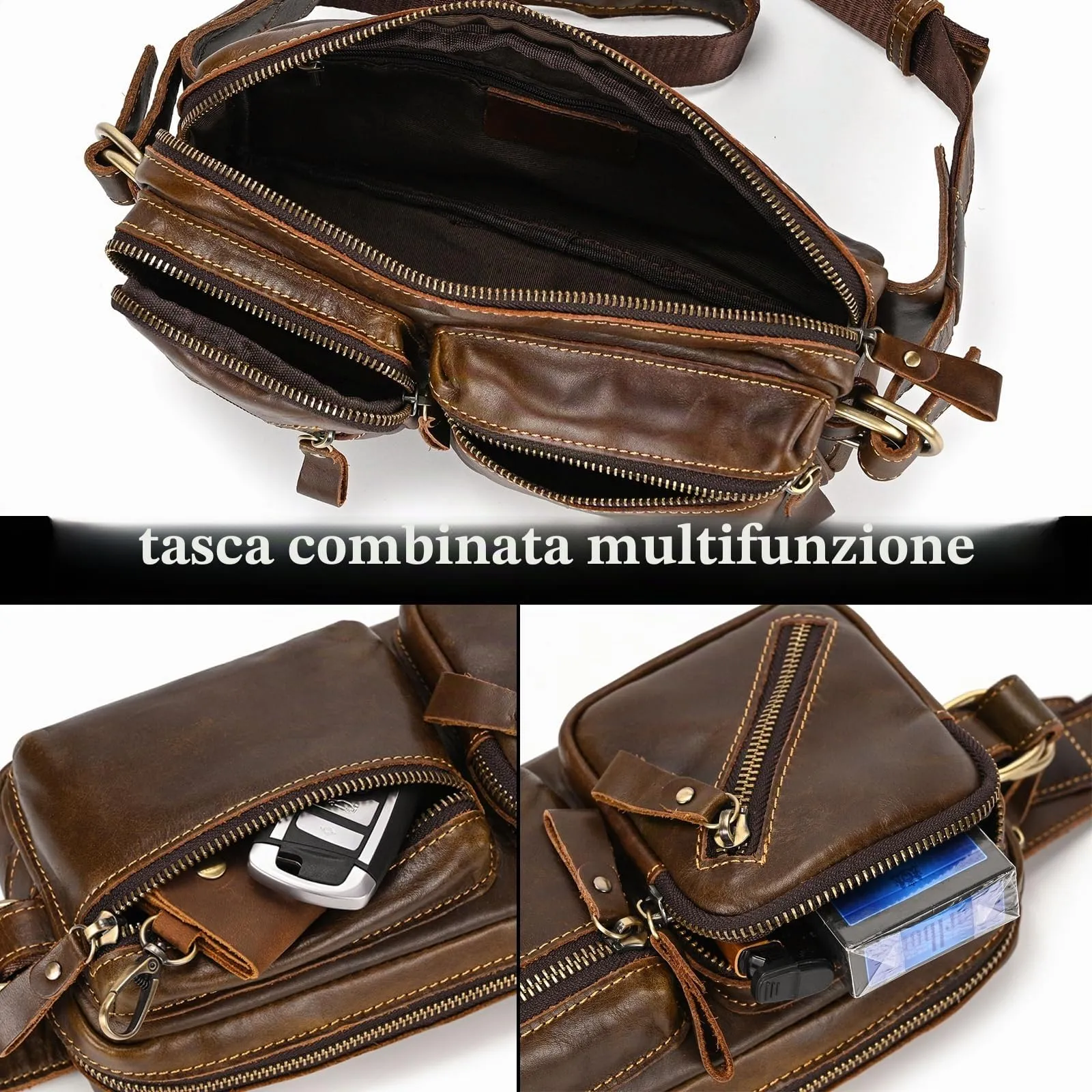 Vintage Marsupio per Uomo Donna Viaggi Escursionismo Running Hip Bum Pouch Belt Slim Cell Phone Pack Purse Wallet-1040 marrone - immagine 8
