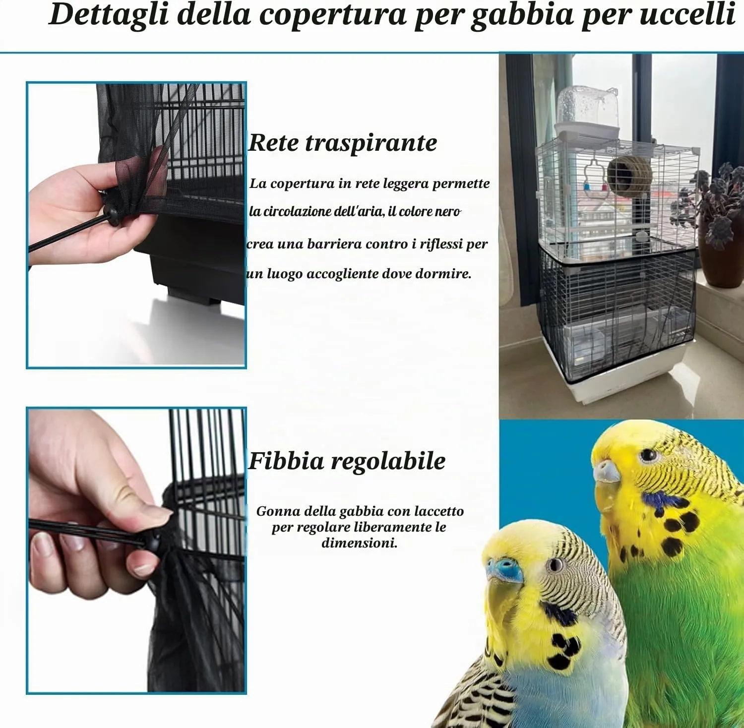ASOCEA Grande Copertura per Gabbia Uccelli, Universale Rete per Gabbia Pappagalli Nylon Copertura Gonna per Gabbia per Uccelli per Gabbie Rotonde e Quadrate (Nero, 118 * 31.5in/300 * 80cm) - immagine 3