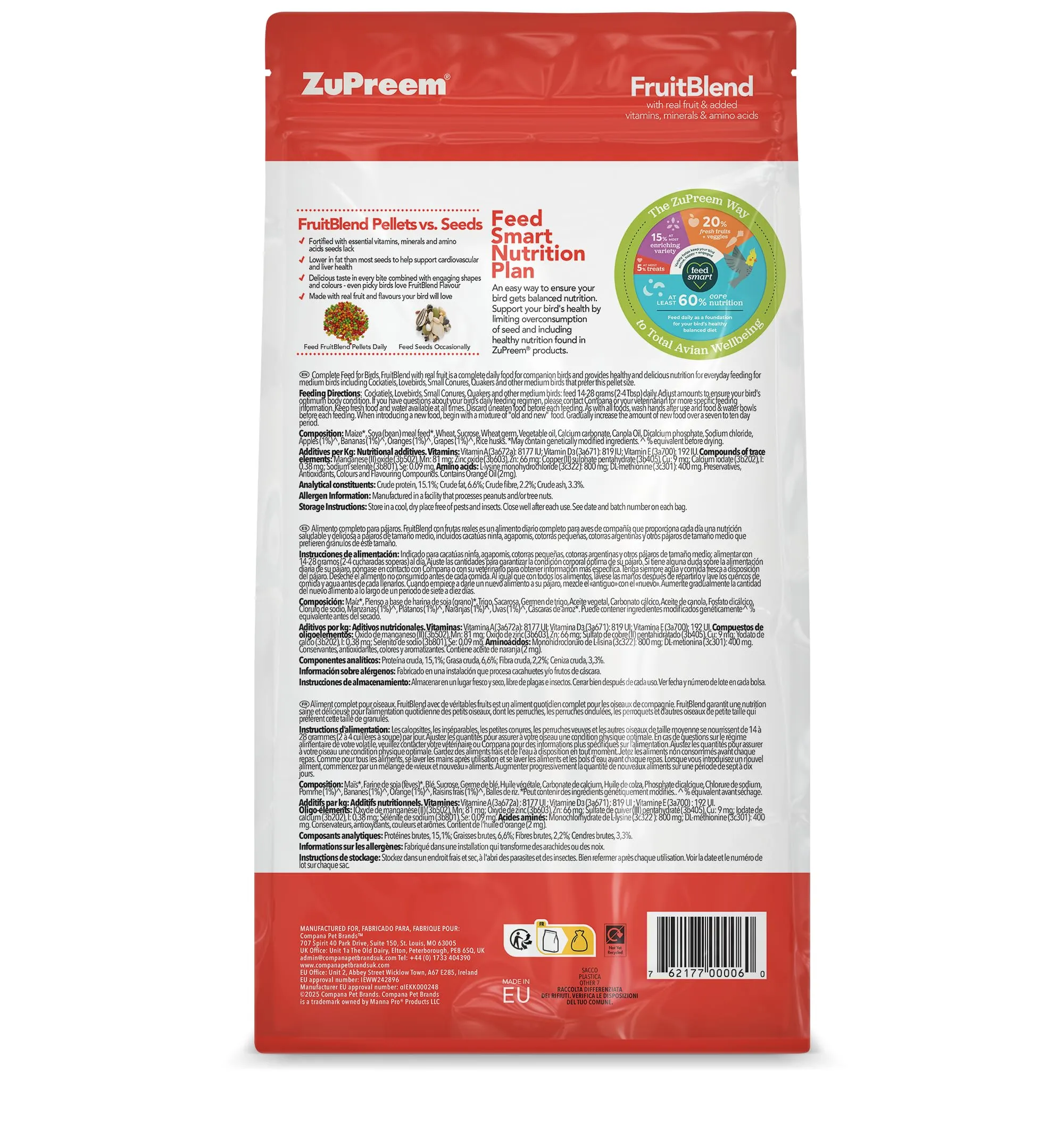 Zupreem Multifruits - Mangime per uccelli da compagnia, frutta e vitamine, mangime per uccelli, indicato per agapornis, cacatua NINFA, cotorre argentine e altri uccelli di medie dimensioni, 1 kg - immagine 2