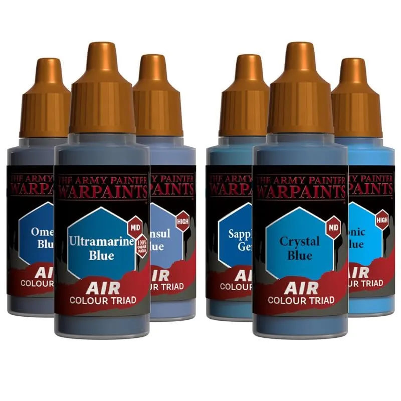 The Army Painter, Airbrush Primary Bundle Blue, 2 triadi di colore blu con 6 colori acrilici diluiti per aerografo da 18 ml - Vernice per una pistola a spruzzo per miniature di D&D e Warhammer - immagine 1