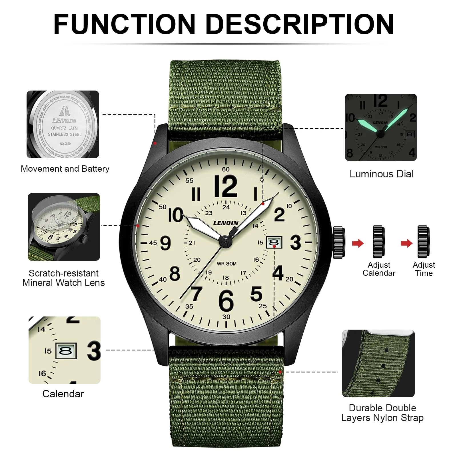 LN LENQIN Orologio Uomo Militare Analogico Quarzo Impermeabile - immagine 7