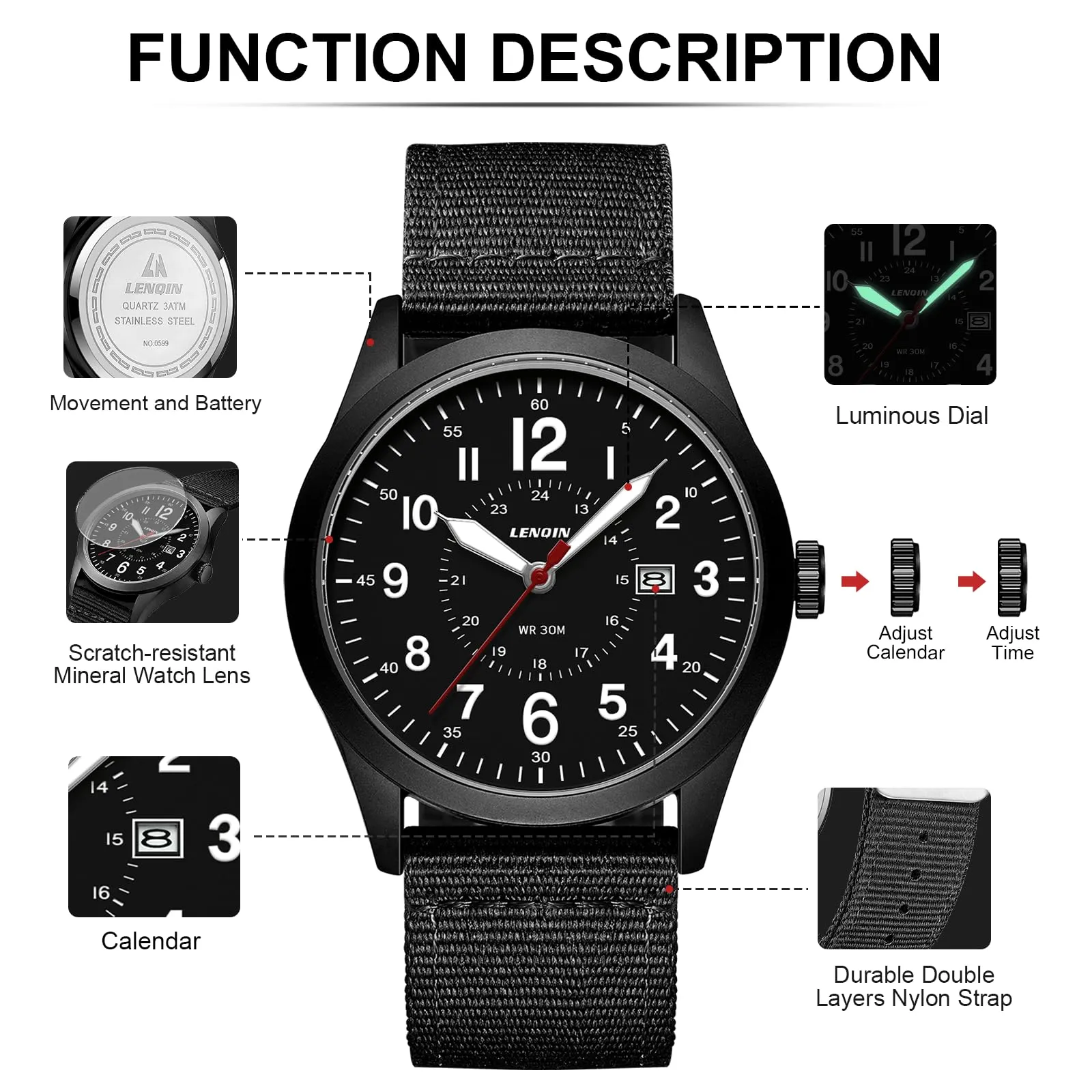 LN LENQIN Orologio Uomo Militare Analogico Quarzo Impermeabile - immagine 7