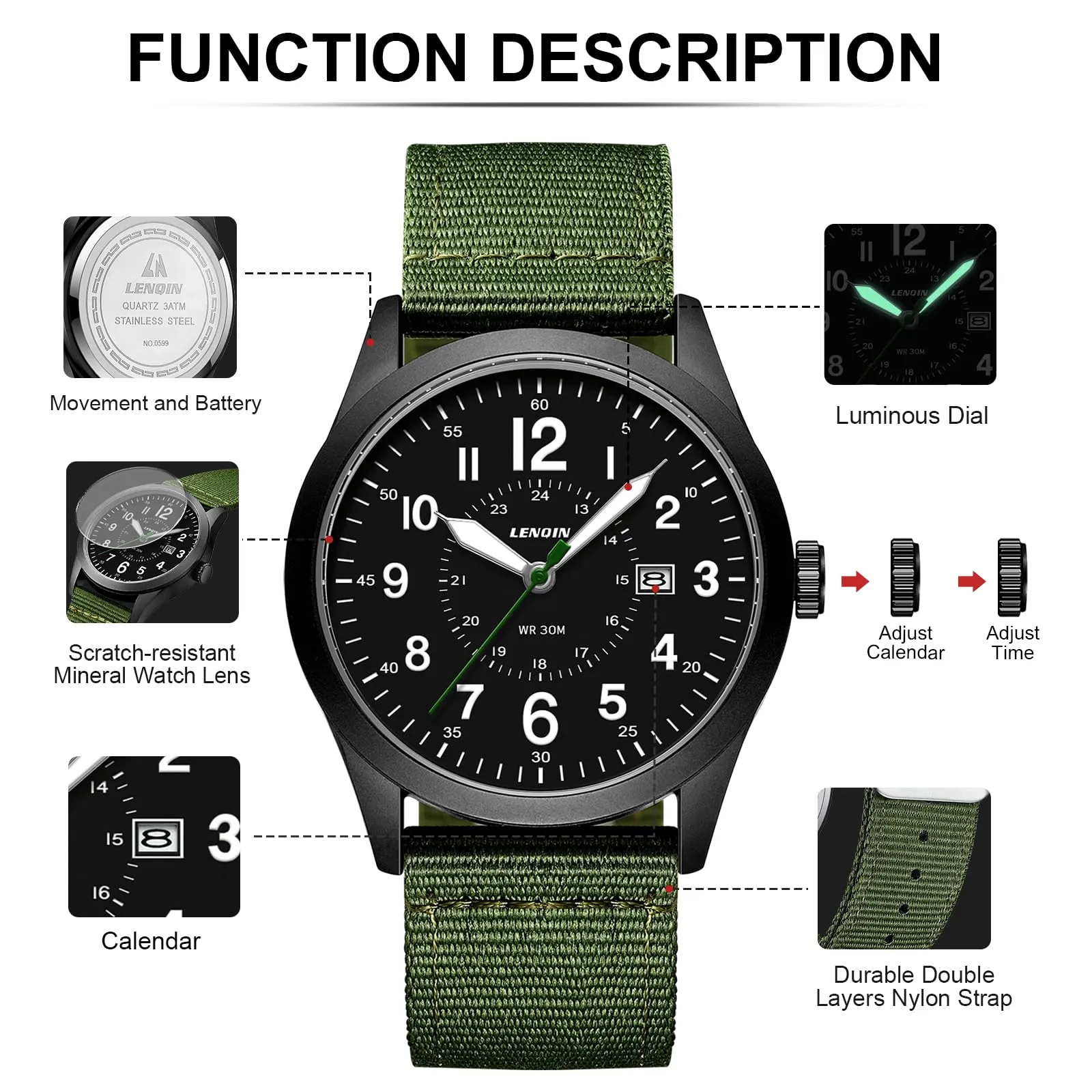 LN LENQIN Orologio Uomo Militare Analogico Quarzo Impermeabile - immagine 6