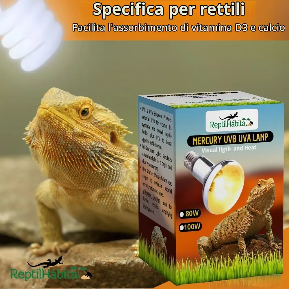 ReptilHábitat – Lampada UVB UVA con Calore per Rettili 125W – Lampada ai Vapori di Mercurio Tutto in Uno per Terrari – Luce Solare Artificiale con Protezione Termica - immagine 2