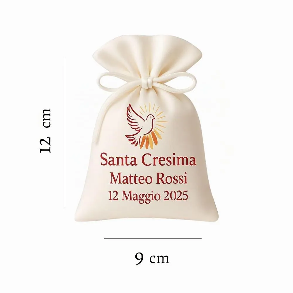 Cormar Sacchetti Bomboniere Cresima Personalizzati – Set 12 Pezzi, 9x12 cm, Colore Bianco con Ricamo Elegante (COLOMBA) - immagine 2