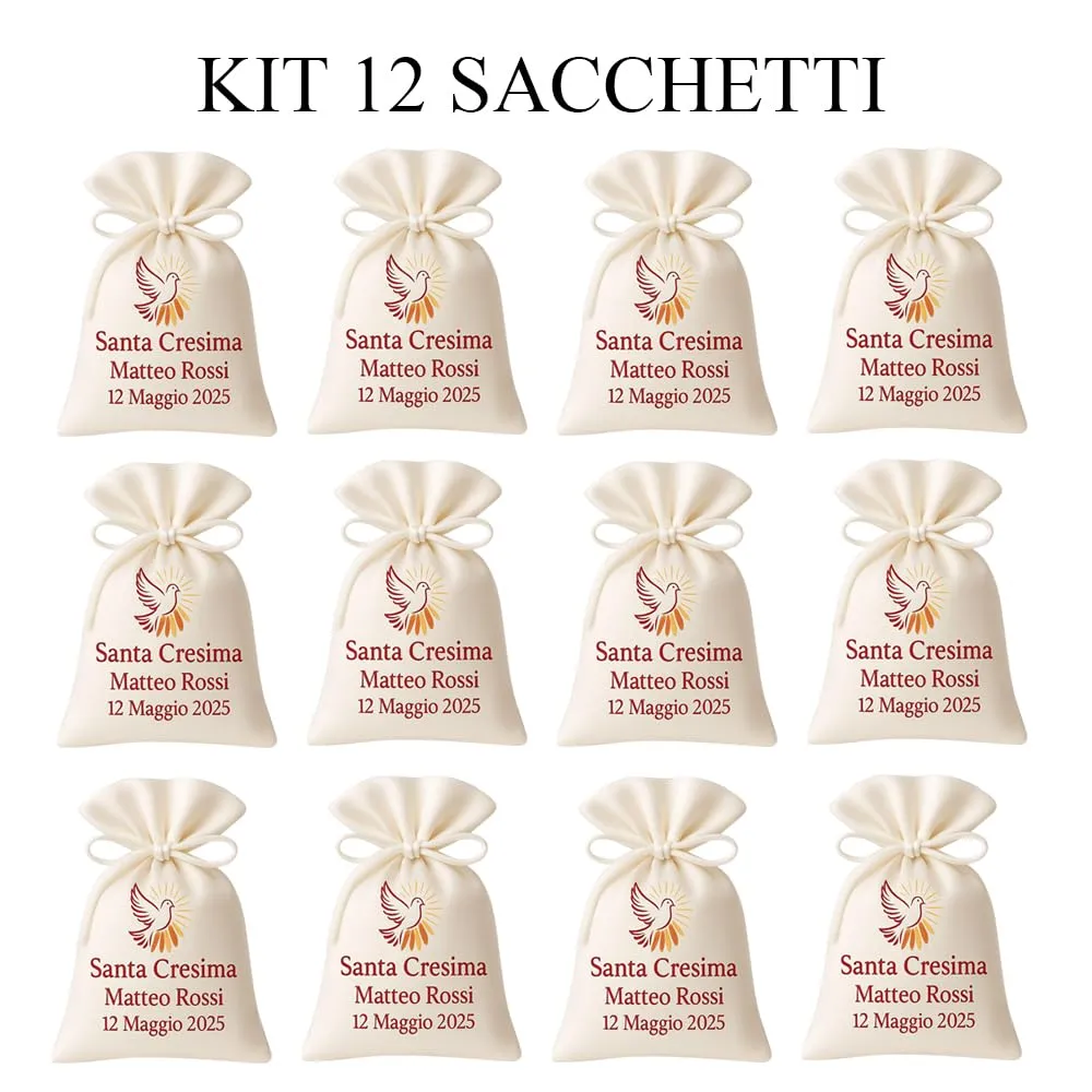 Cormar Sacchetti Bomboniere Cresima Personalizzati – Set 12 Pezzi, 9x12 cm, Colore Bianco con Ricamo Elegante (COLOMBA) - immagine 4
