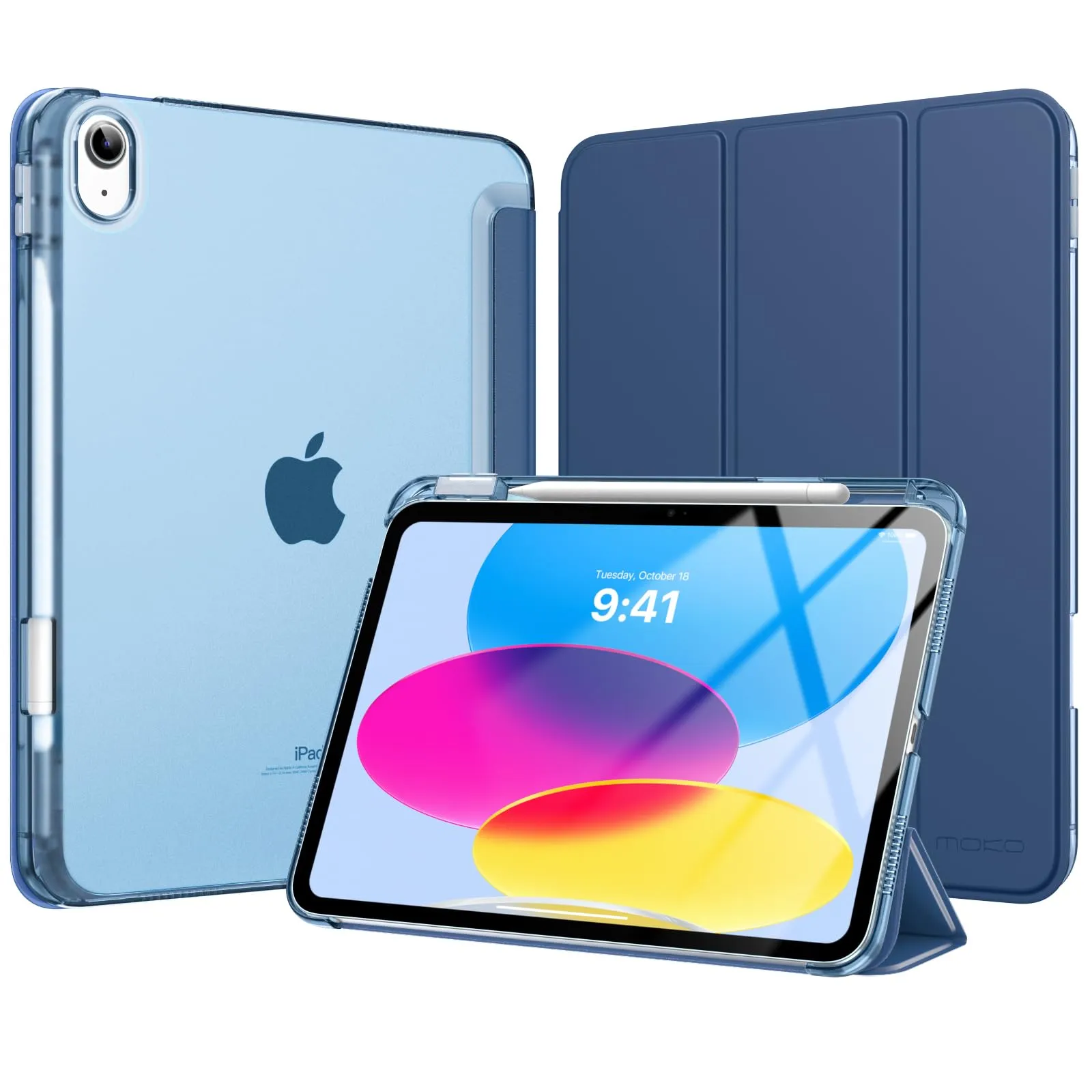 MoKo Custodia per iPad (A16) 11a Generazione 11 Pollici 2025, iPad 10a Generazione 10,9" 2022 con Portapenna, iPad 10a Gen Cover Trifold Sottile Leggera con Retro PC Rigido Traslucido, Denim - immagine 1