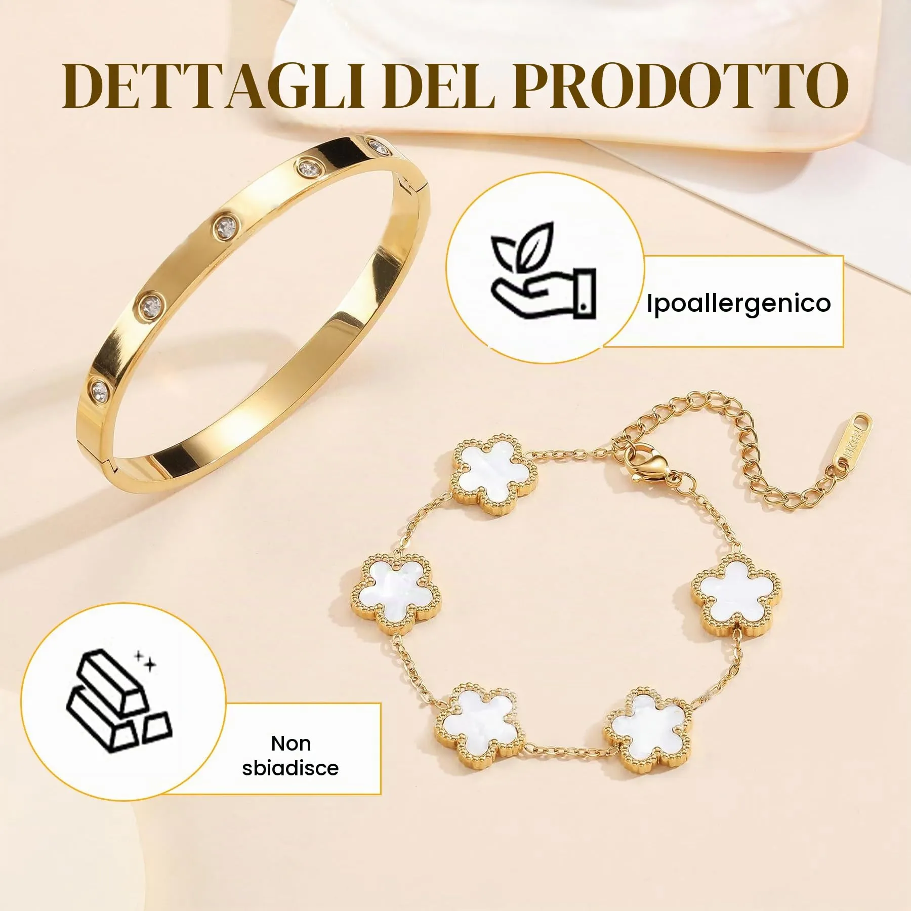 LIUYIDM Bracciale Donna Gioielli con Quadrifoglio Dorato Four Leaf Clover Bracelet Accessori Eleganti Gioielli Quadrifoglio Donna Vita Quotidiana, Regali di Compleanno con Portafortuna (Bianco) - immagine 3