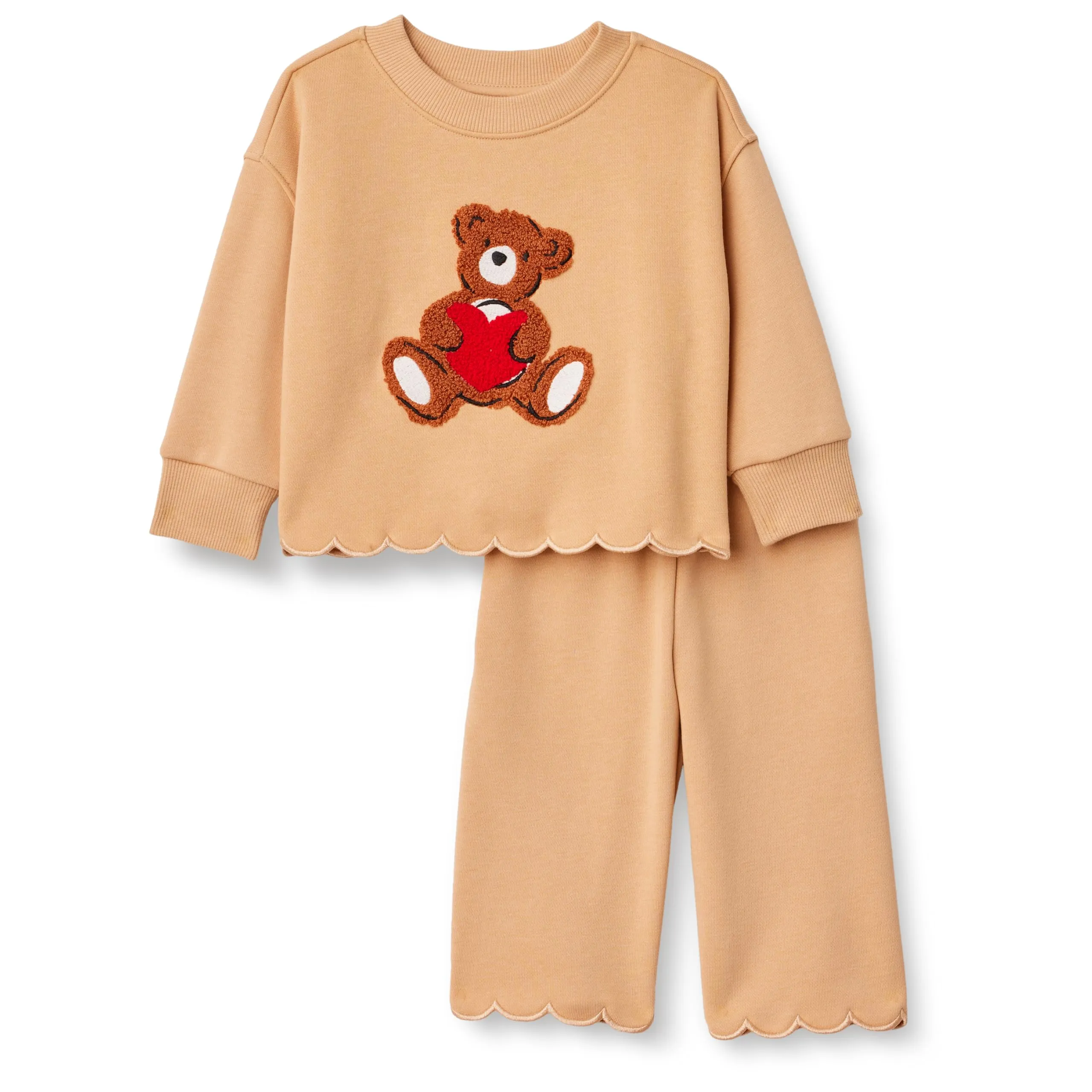 Amazon Essentials X Sofia Grainge - Set con Pantaloni e Top in Spugna Francese, Unisex, Cammello Chiaro, Cuore Grande Orso, 2T - immagine 1