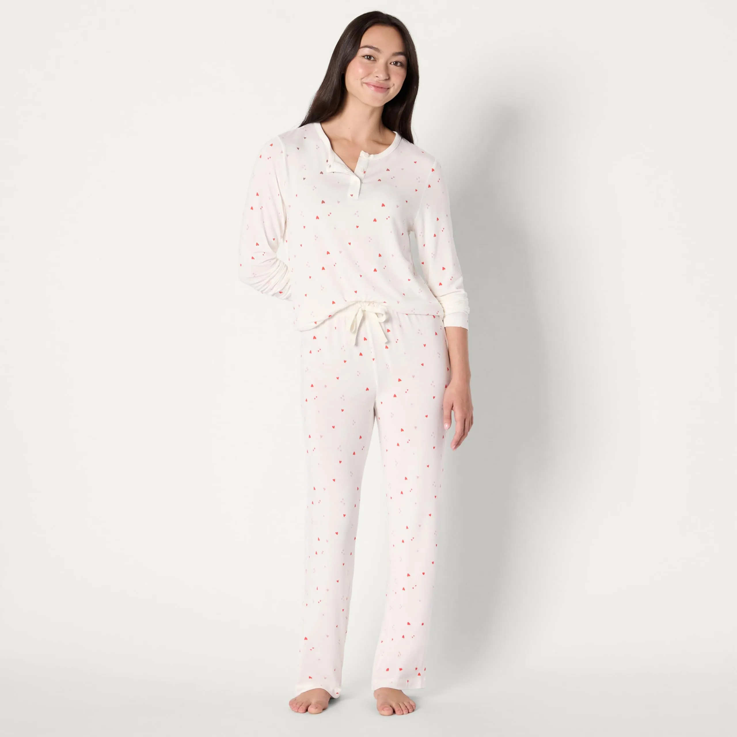 Amazon Essentials x Sofia Grainge Set Pigiama a Maniche Lunghe Stile Henley Donna, Avorio Cuori Multipli, S - immagine 4