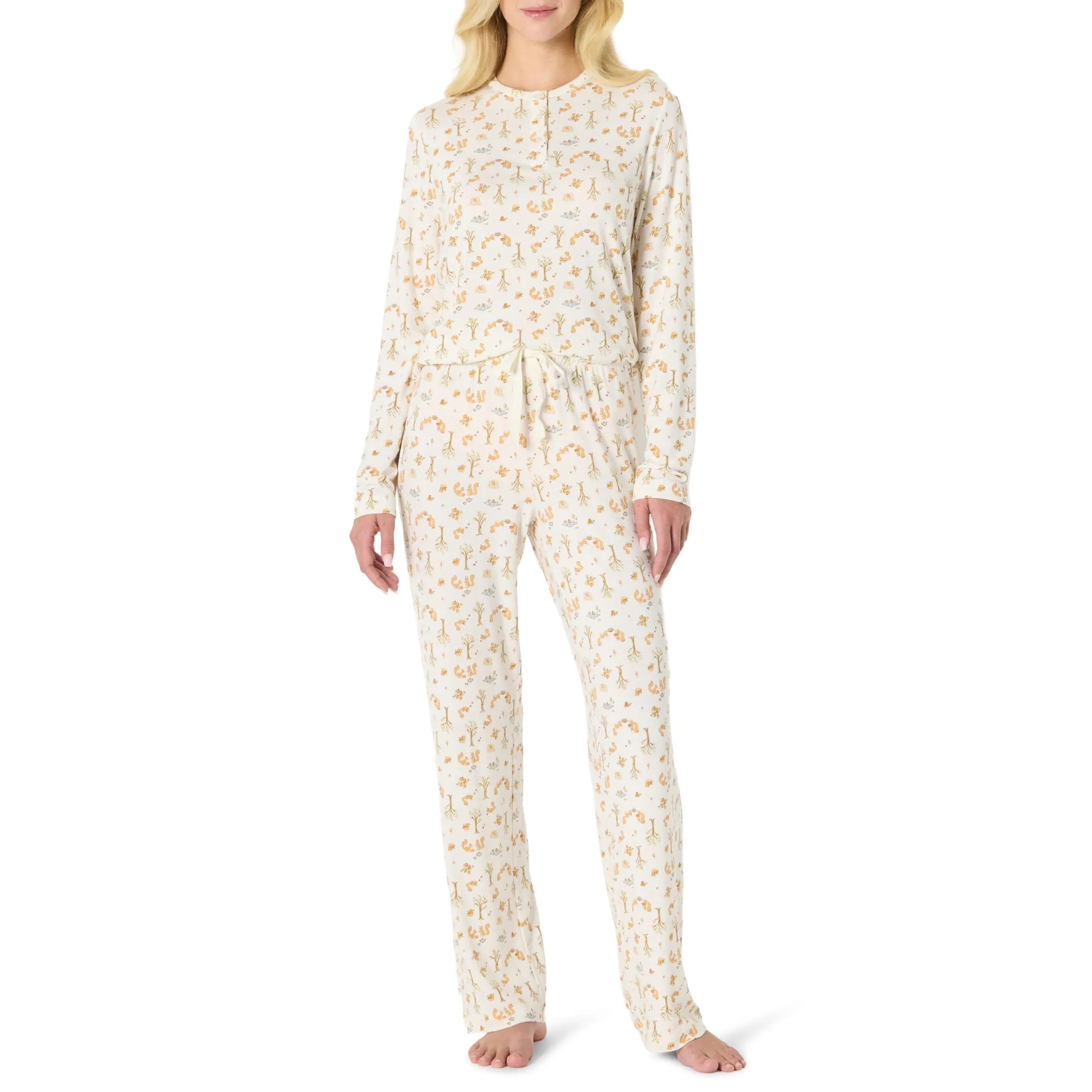 Amazon Essentials x Sofia Grainge Set Pigiama a Maniche Lunghe Stile Henley Donna, Avorio Picnic con Scoiattoli, XL - immagine 1