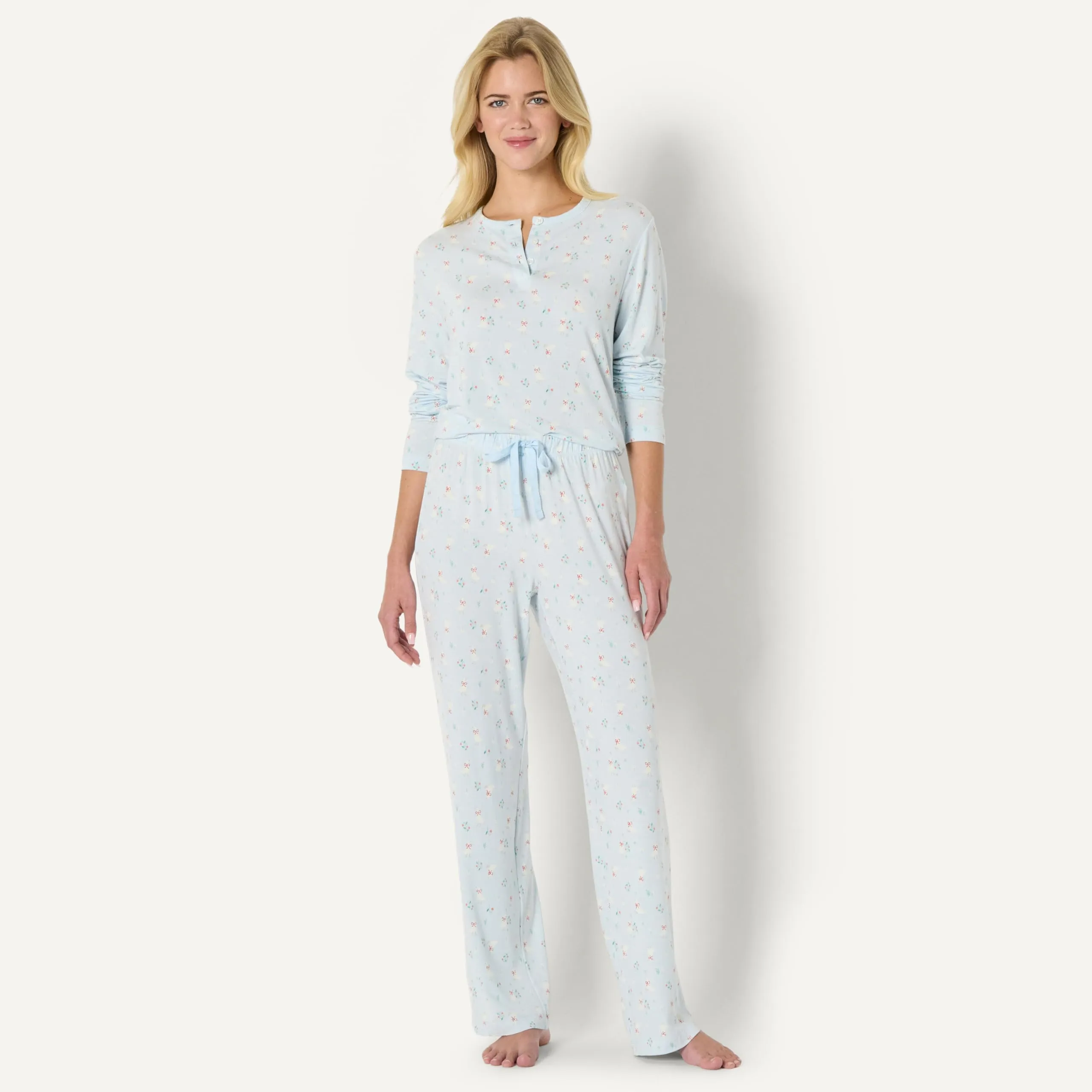 Amazon Essentials x Sofia Grainge Set Pigiama a Maniche Lunghe Stile Henley Donna, Blu Chiaro Oche, S - immagine 4