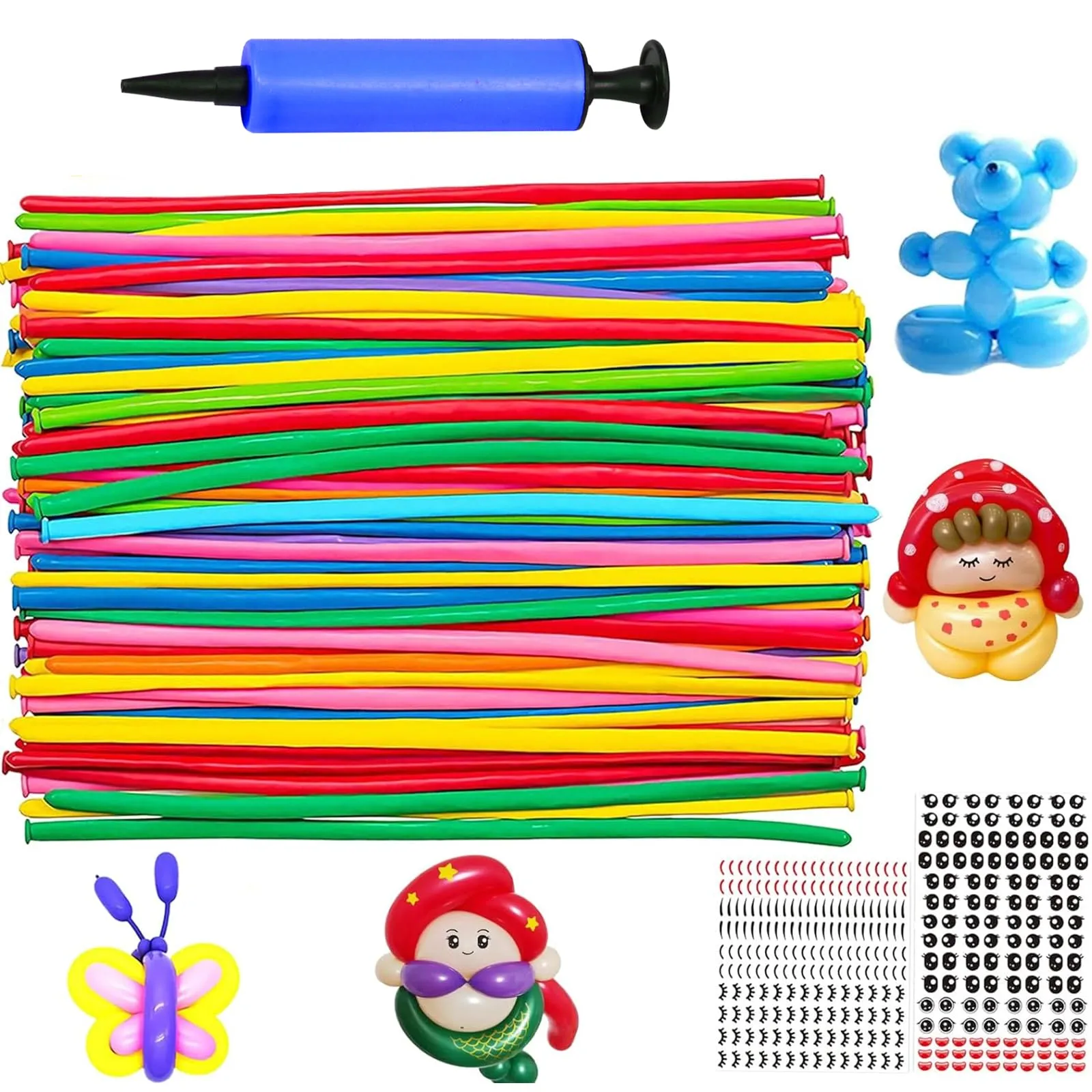 AUNGKWANG 100 Pezzi Palloncini Modellabili, Lungo Palloncinis, Magici Palloncini Lattice, MagiciPalloncini con Pompa + 2 Adesivi a Palloncino per Feste, Compleanni, Matrimoni Decorazione - immagine 1