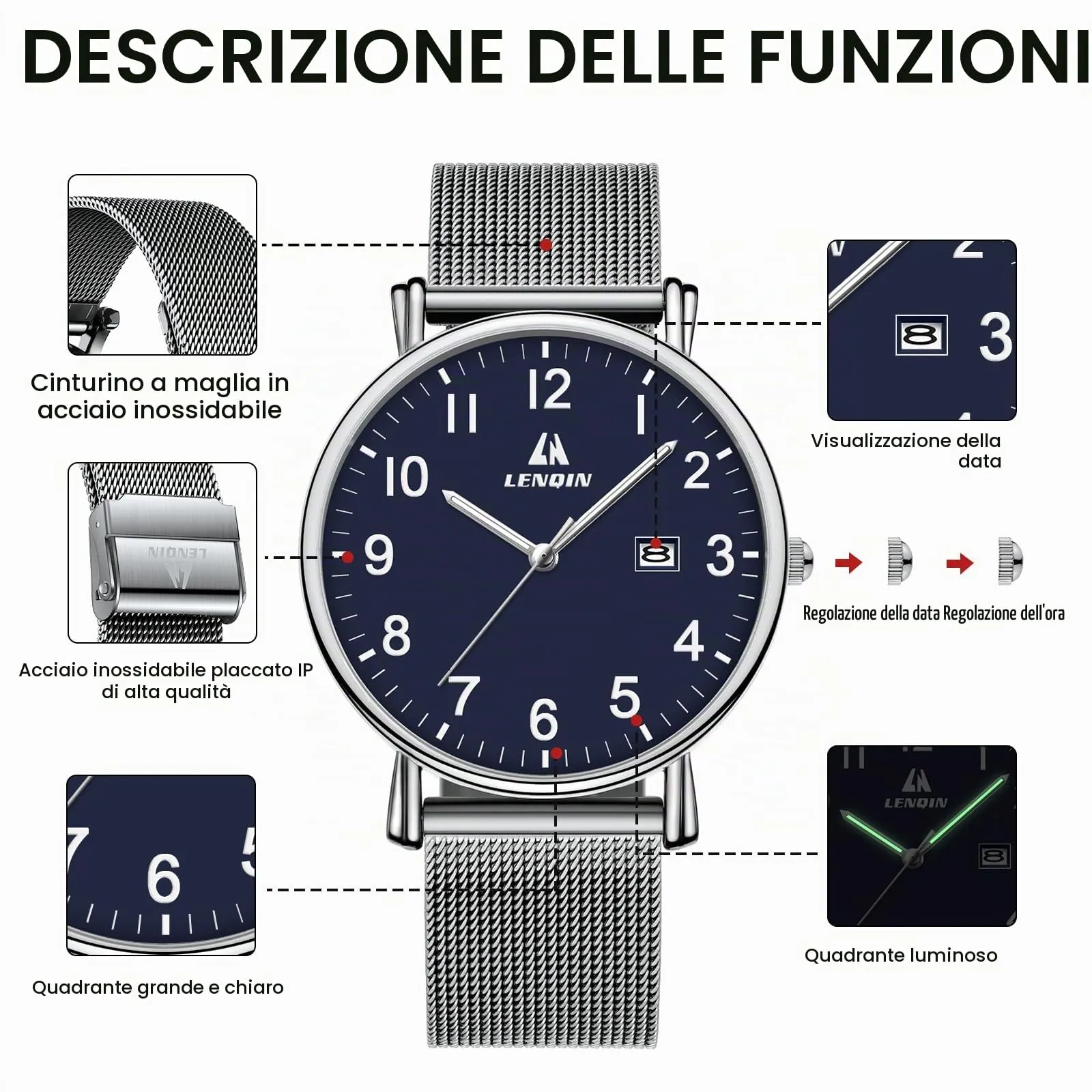 LN LENQIN Orologio Da Uomo In Acciaio Inossidabile Orologi Da Uomo Orologi Da Polso Al Quarzo Analogici 30m Impermeabile Orologio Casual Alla Moda Per - immagine 4