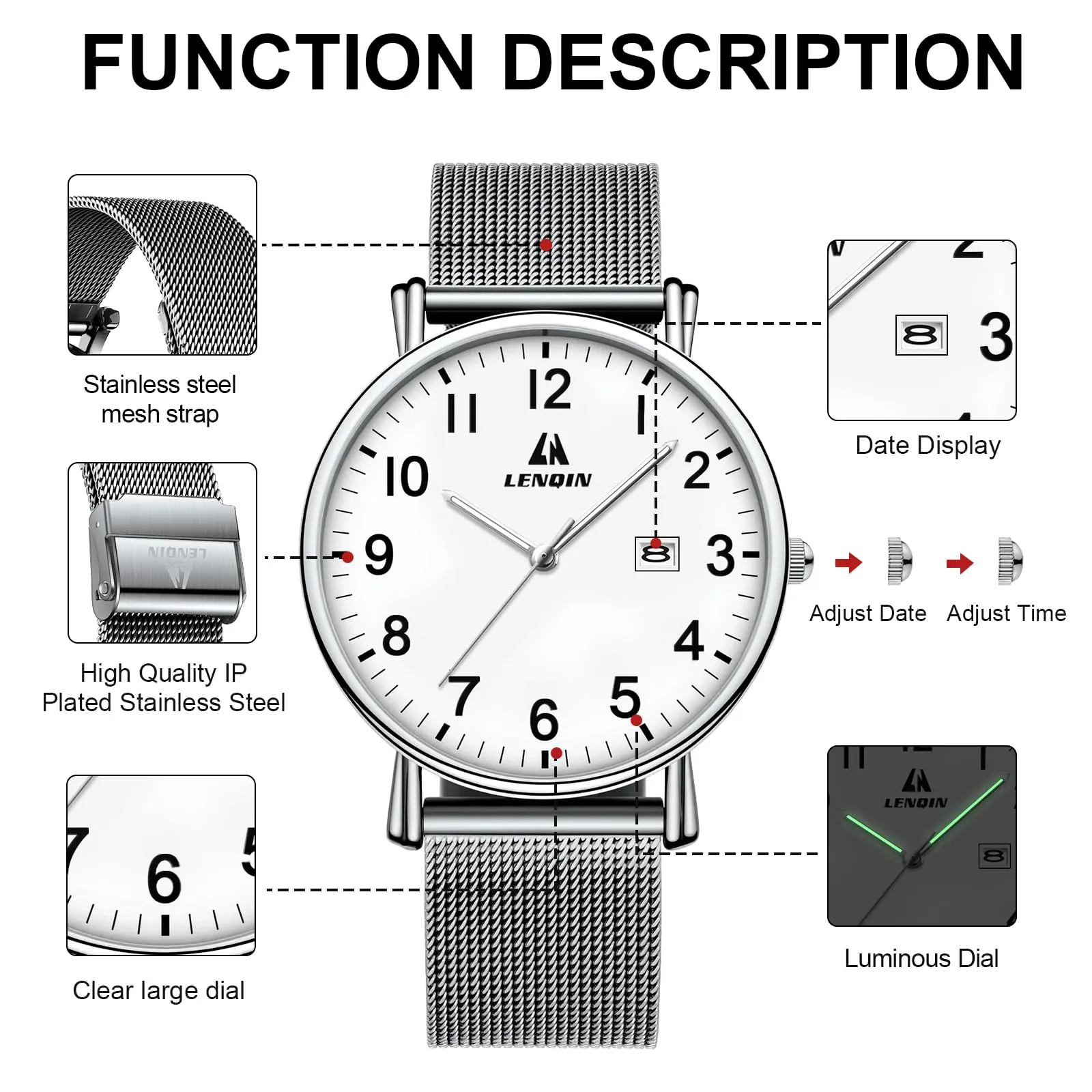 LN LENQIN Orologio Da Uomo In Acciaio Inossidabile Orologi Da Uomo Orologi Da Polso Al Quarzo Analogici 30m Impermeabile Orologio Casual Alla Moda Per - immagine 4