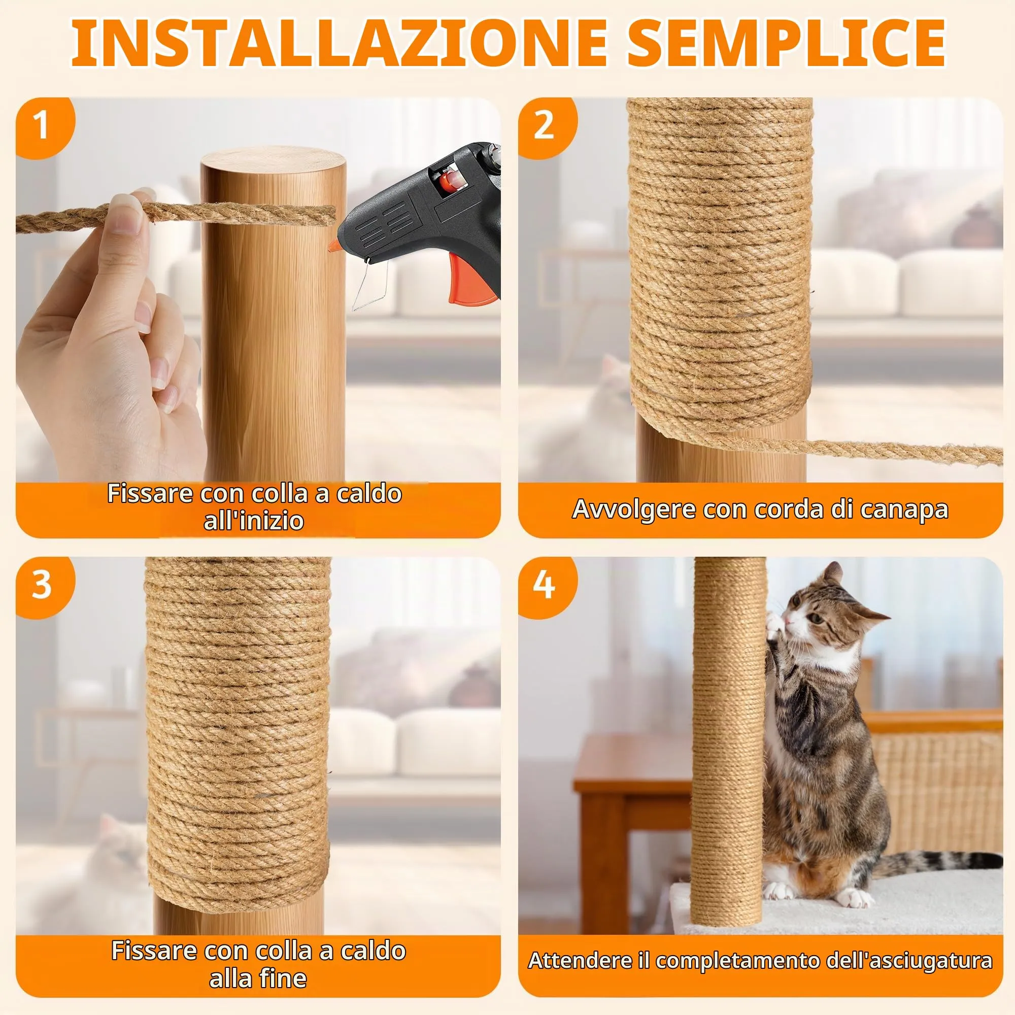 100m Corda per Tiragraffi in Sisal Naturale 8mm - per Gatti, fai da te, Decorazione casa/giardino - Corda tiragraffi per gatti di ricambio(100 m x 8 mm) - immagine 6