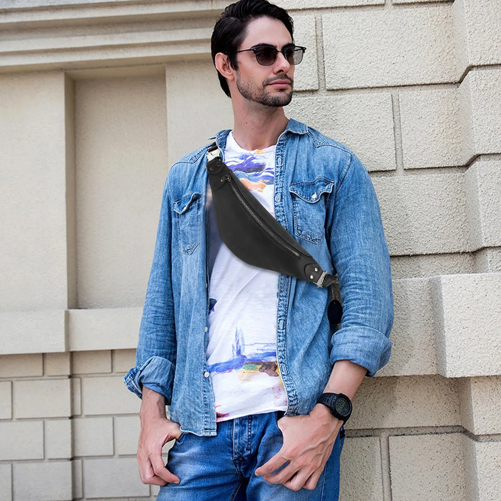 marsupio in vera pelle marsupi per uomo donna marsupio nero per viaggi festival passeggiate sport corsa palestra all'aperto allenamento esercizio marsupio Vintage Shoulder Bag, 1033FMH Black - immagine 2