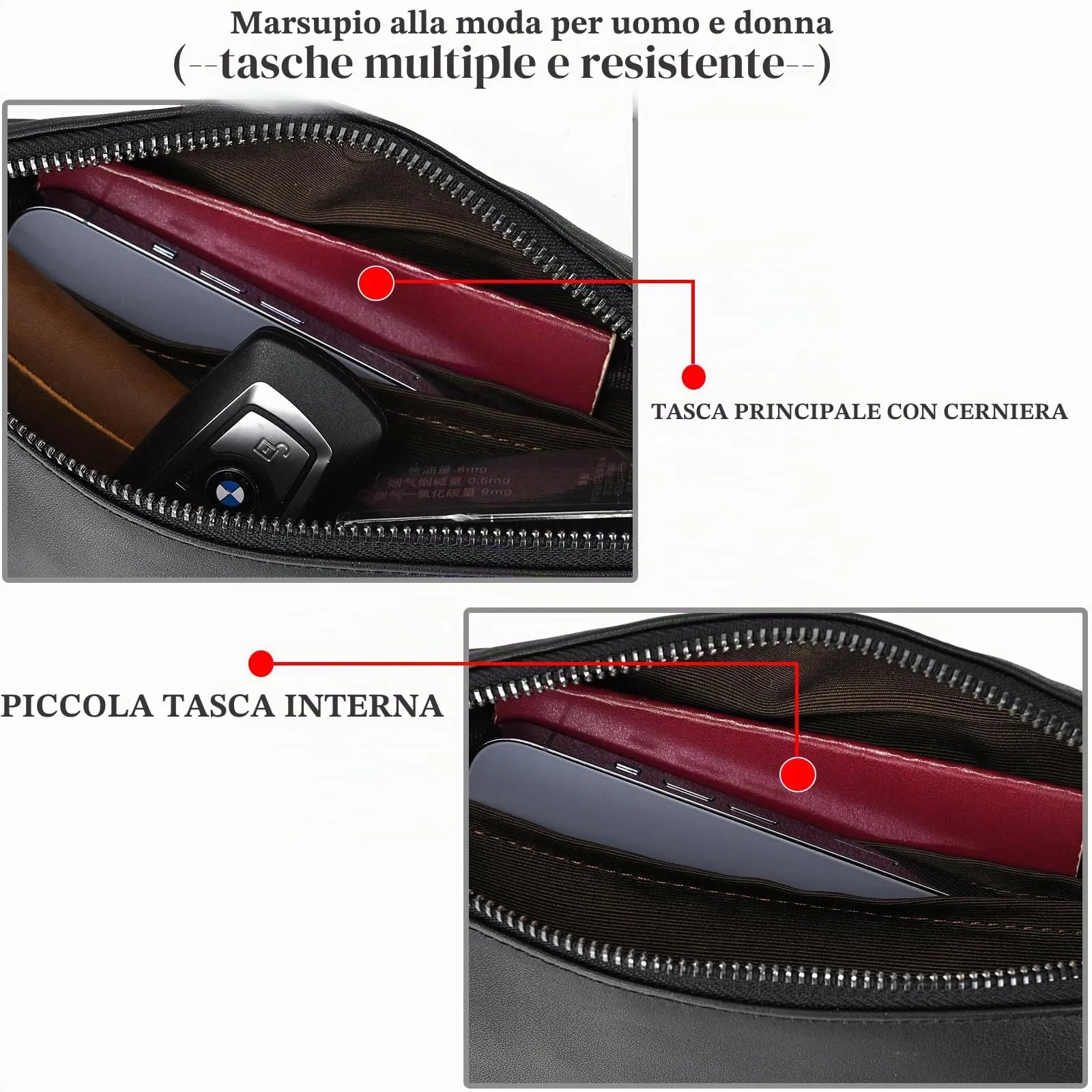 marsupio in vera pelle marsupi per uomo donna marsupio nero per viaggi festival passeggiate sport corsa palestra all'aperto allenamento esercizio marsupio Vintage Shoulder Bag, 1033FMH Black - immagine 4