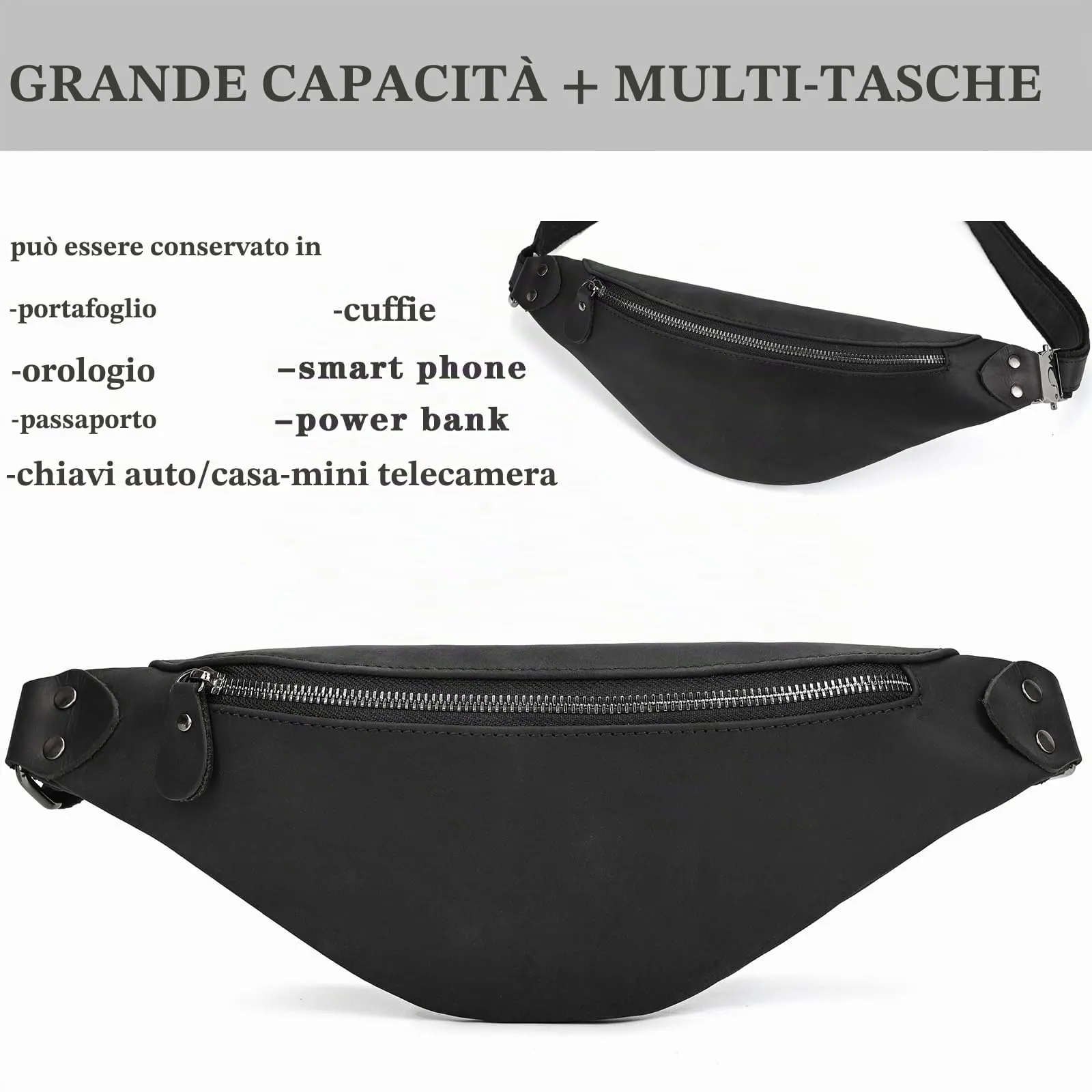 marsupio in vera pelle marsupi per uomo donna marsupio nero per viaggi festival passeggiate sport corsa palestra all'aperto allenamento esercizio marsupio Vintage Shoulder Bag, 1033FMH Black - immagine 5