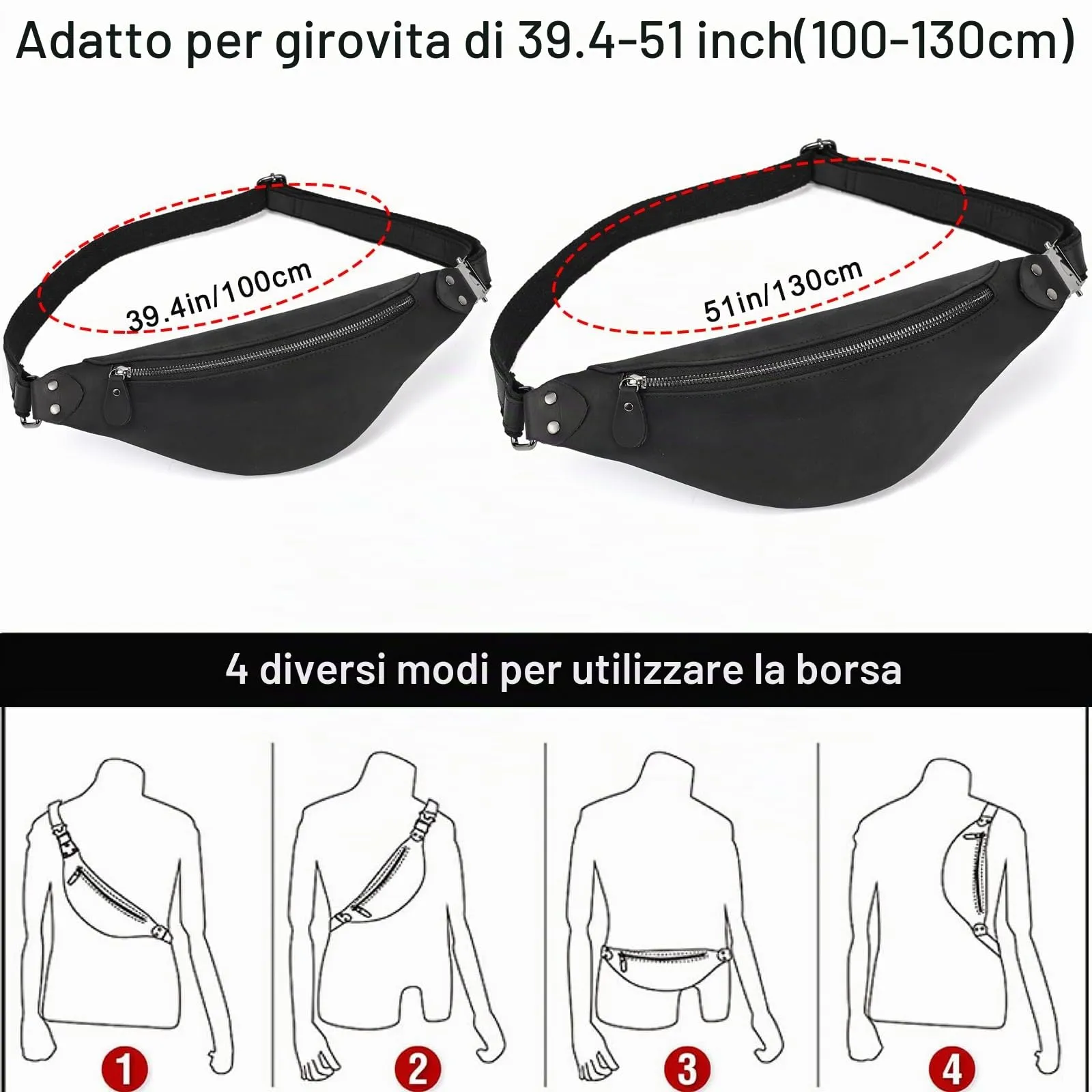 marsupio in vera pelle marsupi per uomo donna marsupio nero per viaggi festival passeggiate sport corsa palestra all'aperto allenamento esercizio marsupio Vintage Shoulder Bag, 1033FMH Black - immagine 6
